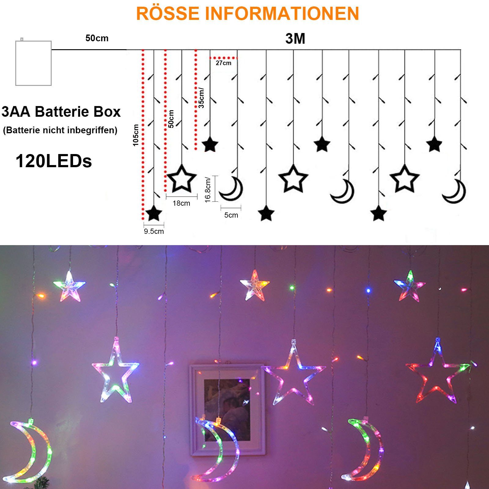 MUPOO Lichterkette LED Lichtervorhang Wohnzimmer Licht, 8 Mehrfarbig modi,IP44,120LEDs,für Außen Vorhang Party LED Lichterketten,3M Stern Weihnachten Innen Mond Deko