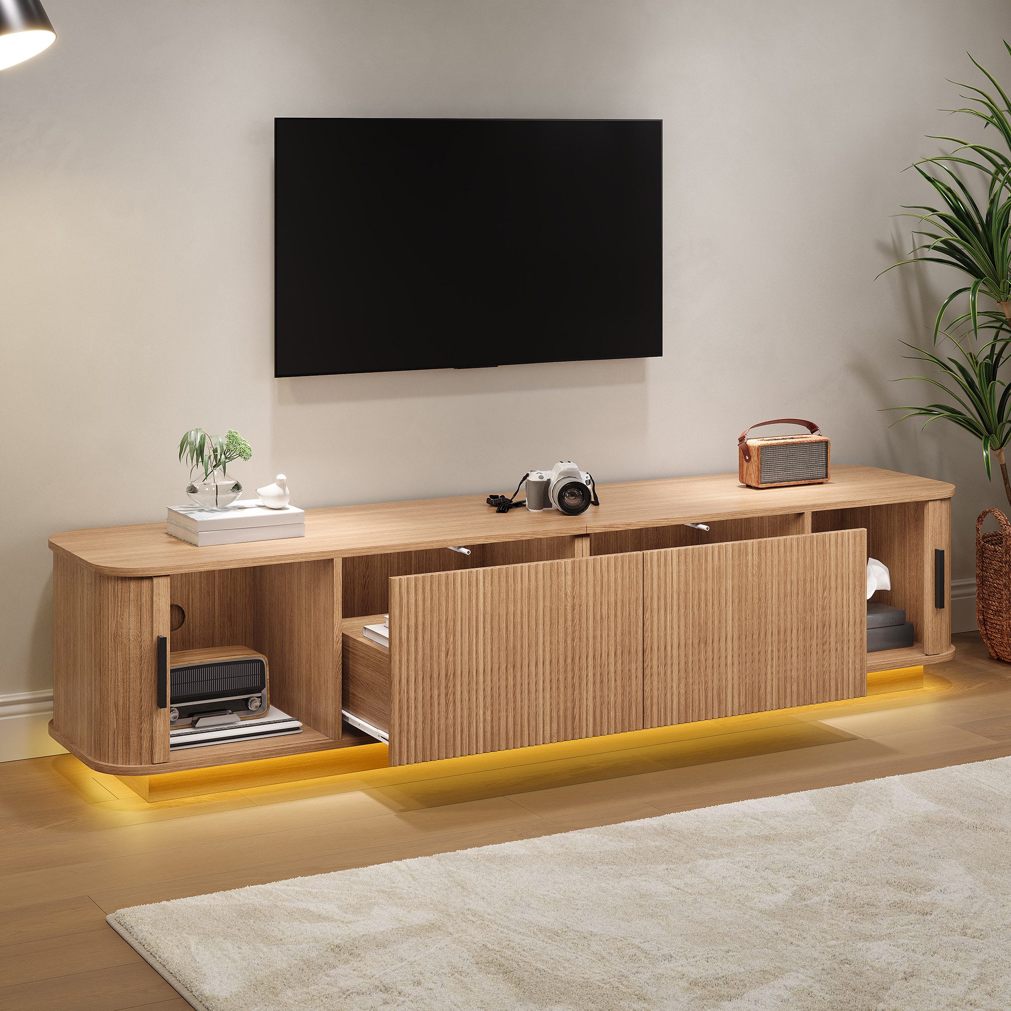 BlingBin TV-Schrank 180x40x40 cm TV-Lowboard Fernsehschrank mit LED-Beleuchtung (2 Packung, 1-St., 2 Schubladen und 2 Schiebetüren,Staufächern,geriffelter Front) Abgerundetes Seiten,Platzsparenden,Modern Retro