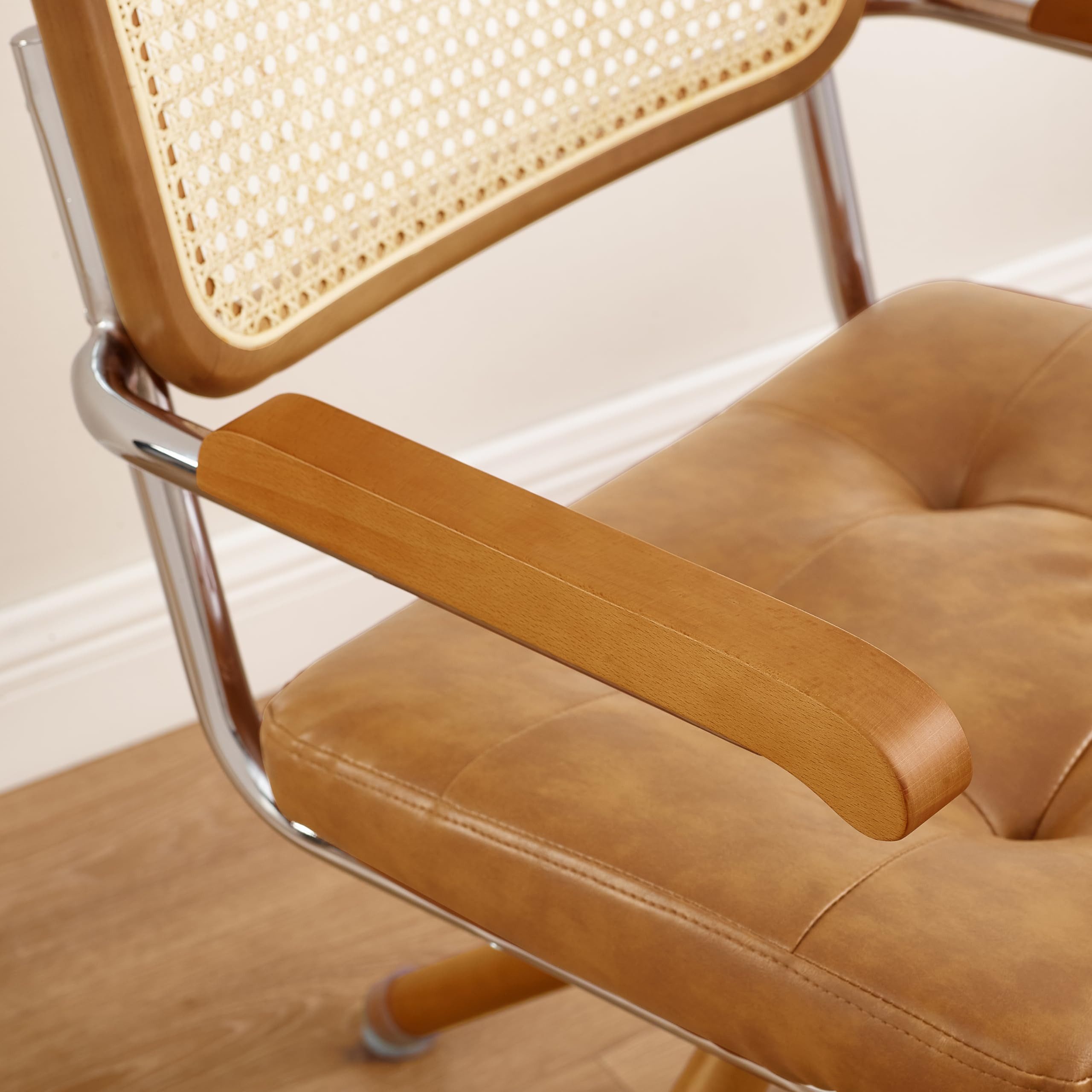 Art Leon Esszimmerstuhl CC058 (Mid Century Modern Drehstuhl ohne Rollen Farbe in Braun/Grün), Grün Kunstleder gepolsterter Bürostuhl mit Holzbeine