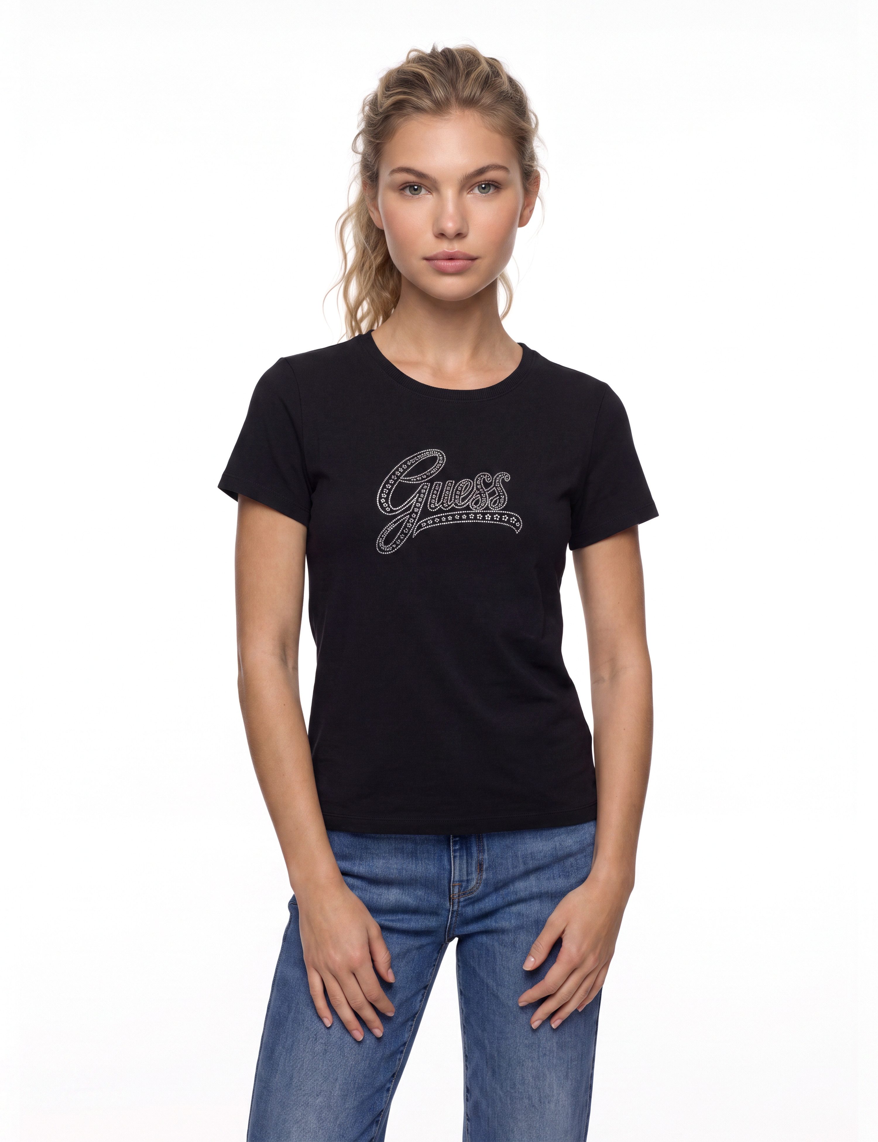 Guess T-Shirt CN 3D EMBROIDERY SCRIPT LOGO mit Schmucksteinen, bestickt