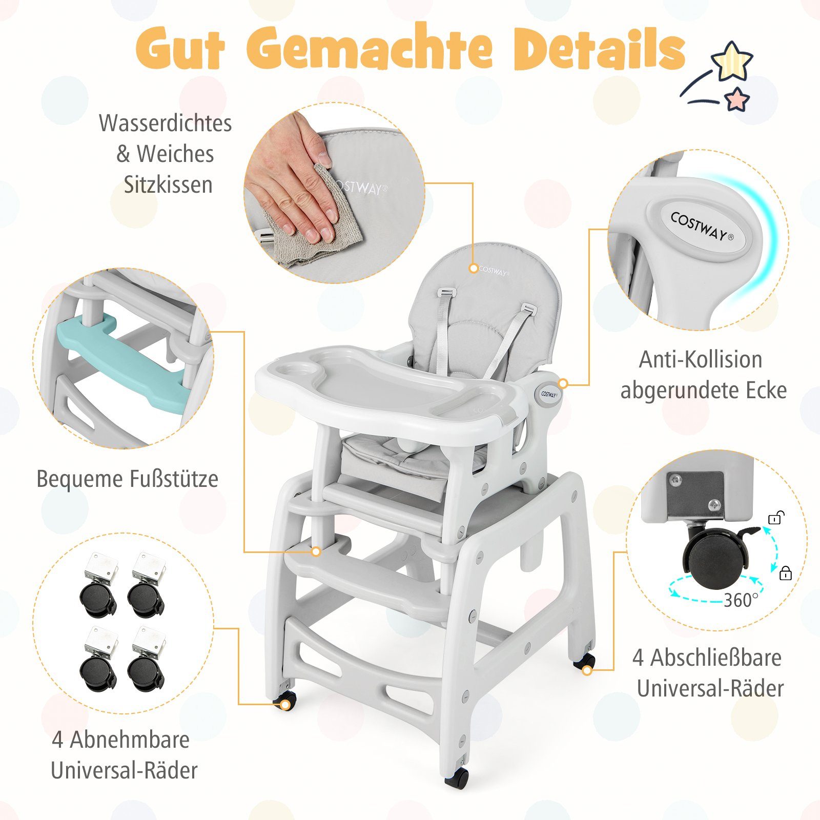 COSTWAY Hochstuhl 3 in 1 Babystuhl, wandelbar, einstellbarer Winkel, abnehmbar – Bild 4 von 5