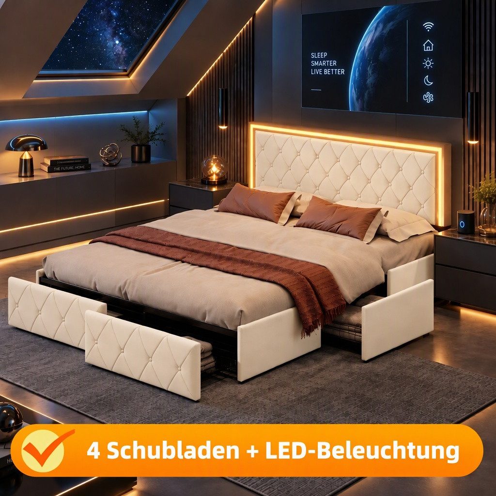 PXloue Polsterbett LED Doppelbett Stauraumbett (1 tlg., Kopfteil hochstellbar), mit 3 Schublade, LED-Beleuchtung, Gepolsterte Rückenlehne, 140x200cm