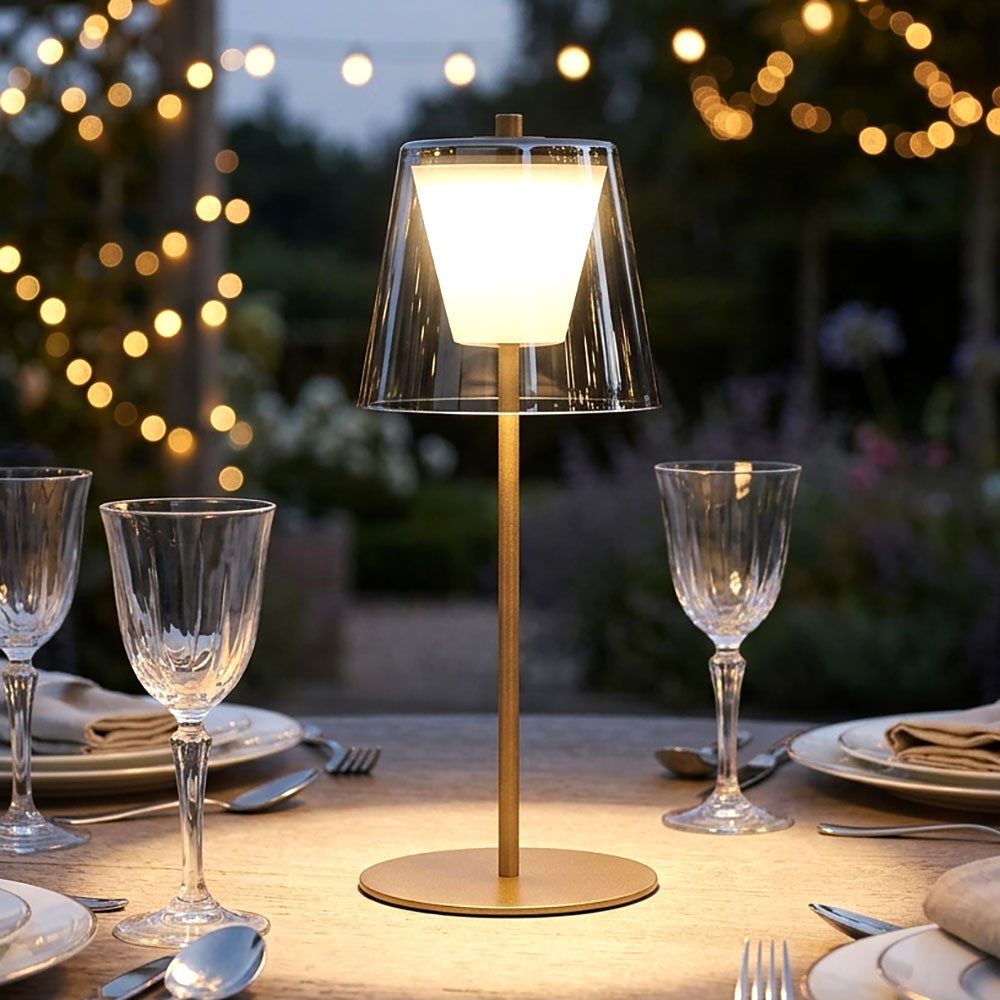 FISCHER & HONSEL Außen-Tischleuchte, LED-Leuchtmittel fest verbaut, Warmweiß, Tischlampe Außenleuchte Akkulampe dimmbar gold Rauchglas LED H 35 cm
