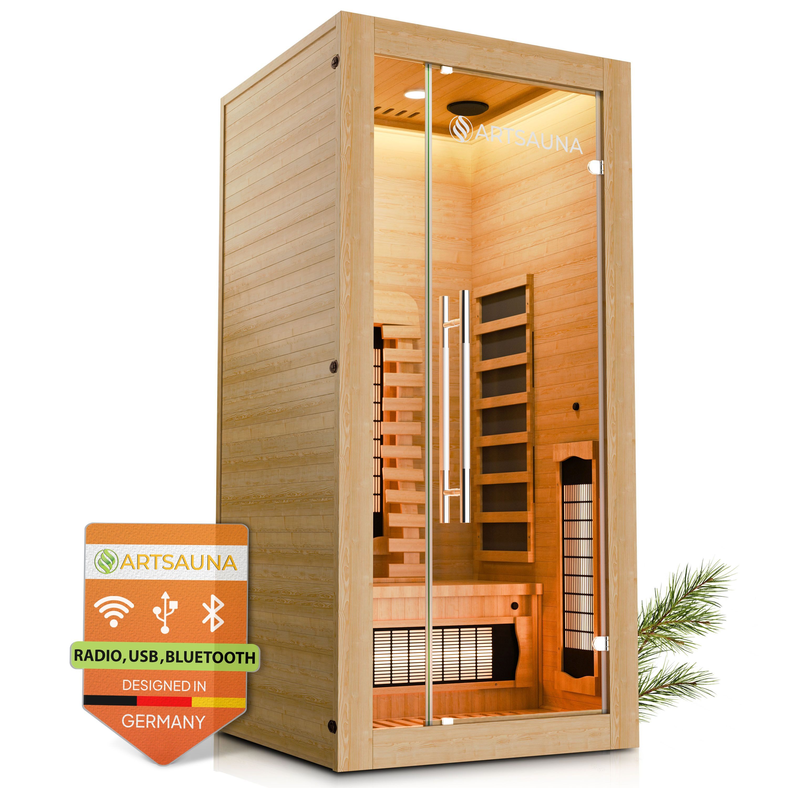 Artsauna Infrarotkabine Kiruna90 Premium Dual Technologie, BxTxH: 90 x 90 x 190 cm, für 1 Personen, Hemlockholz, Sound-System, Bluetooth, LED-Farblicht