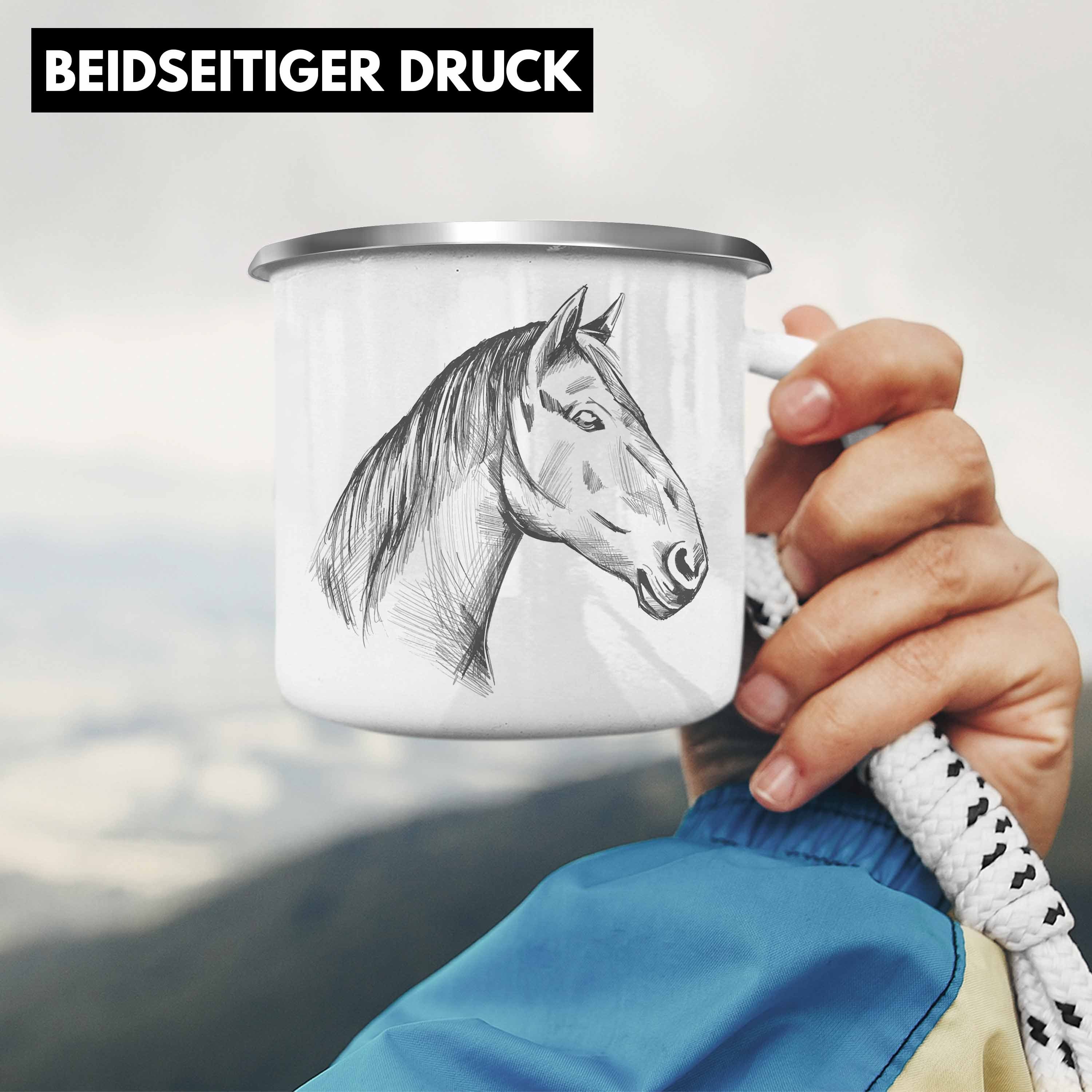 Trendation Thermotasse Trendation - Pferde Pferdeliebhaber Reiterin Geschenk Emaille Pferde Tasse Mädchen Silber Lustig Geschenke