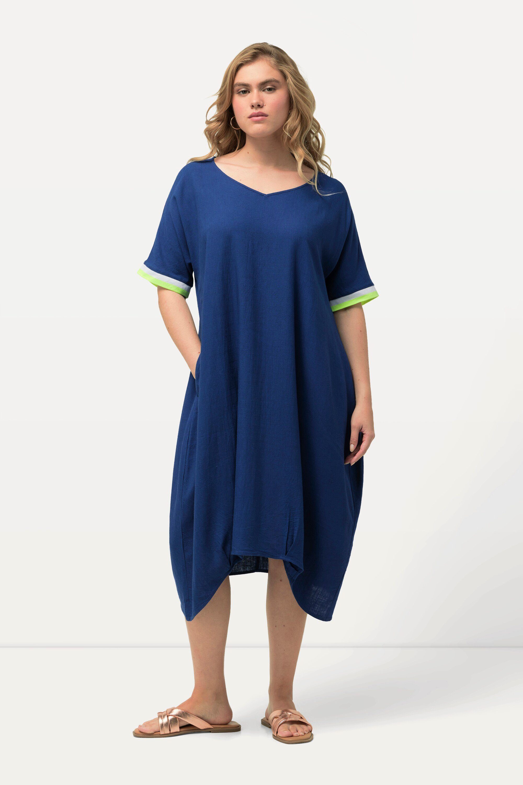 Ulla Popken Sommerkleid Midikleid Leinenmix V-Ausschnitt