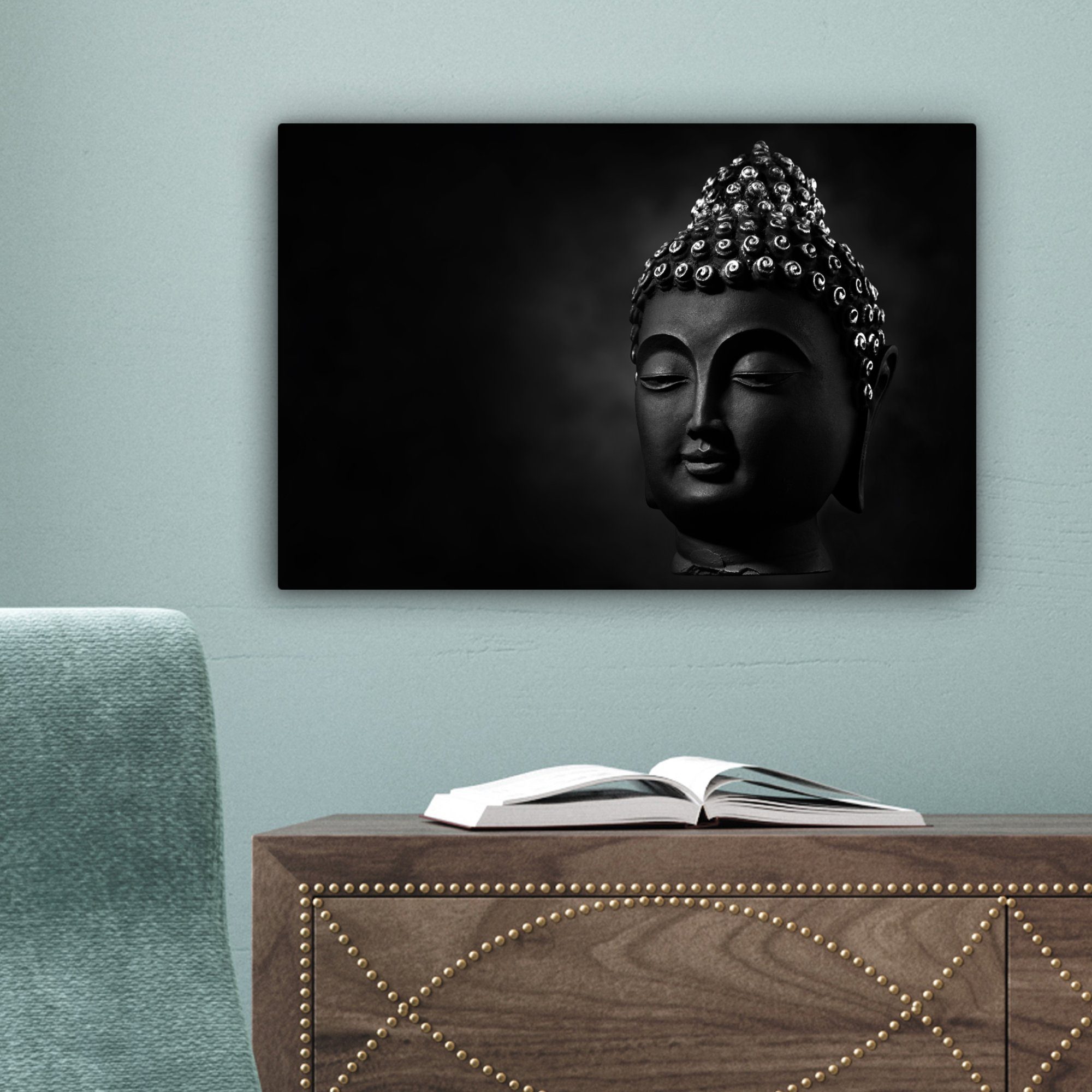 OneMillionCanvasses® Leinwandbild Buddha - Schwarz - Gesicht, Fotodruck (1 St), Leinwand Bilder Klein, Wand Dekoration Aesthetic 30x20 cm – Bild 5 von 5
