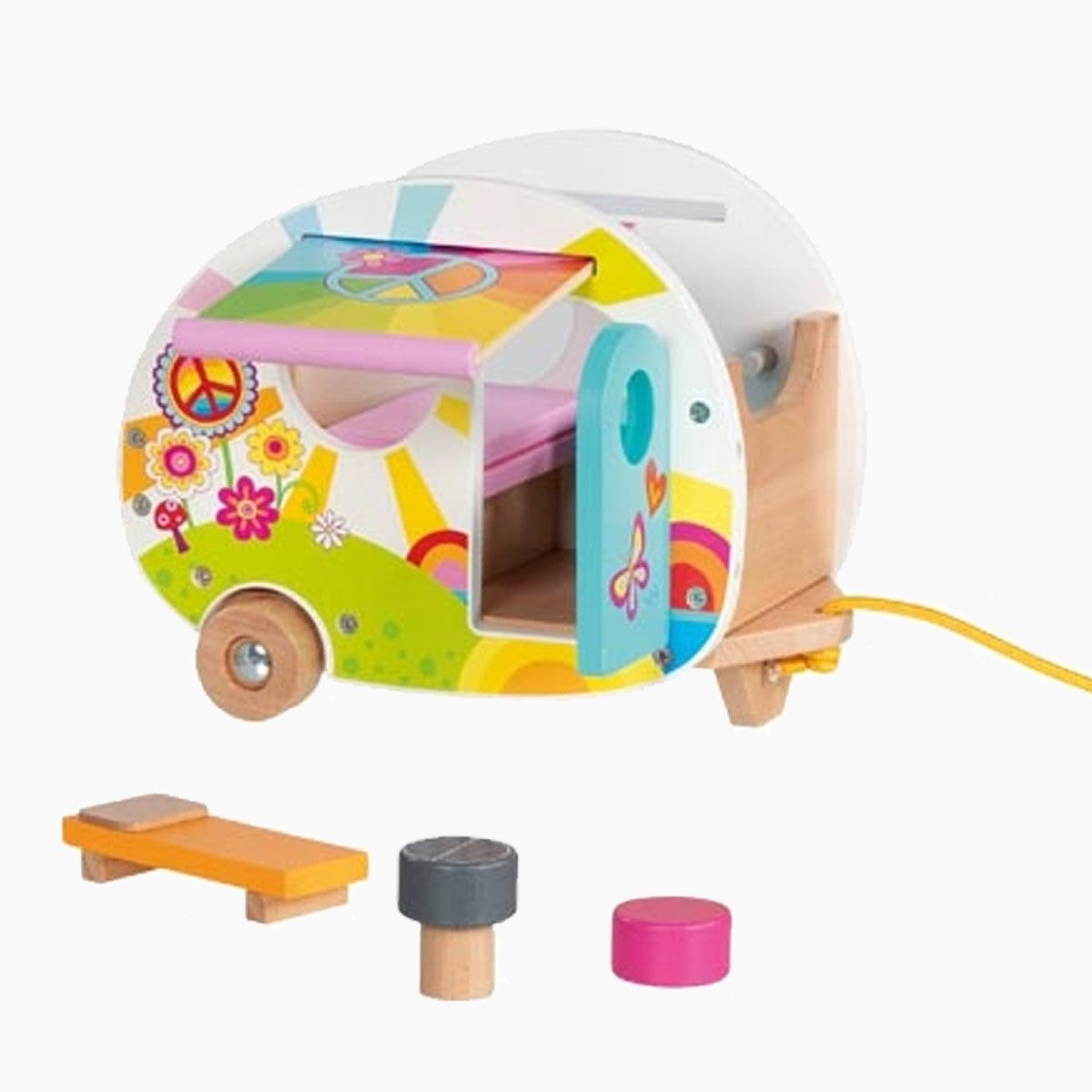 goki Puppenhaus Wohnwagen Camperfreude, (Packung, 4-tlg., set), Abnehmbares Dach viele Spielmöglichkeiten