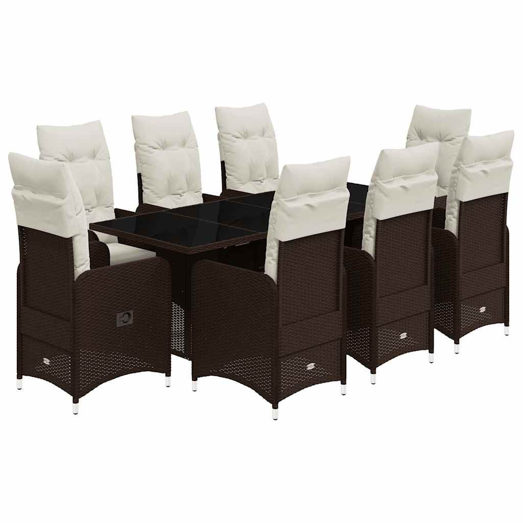 vidaXL Gartenlounge-Set 9-tlg. Garten-Bistro-Set mit Kissen Braun Poly Rattan, (8-tlg)