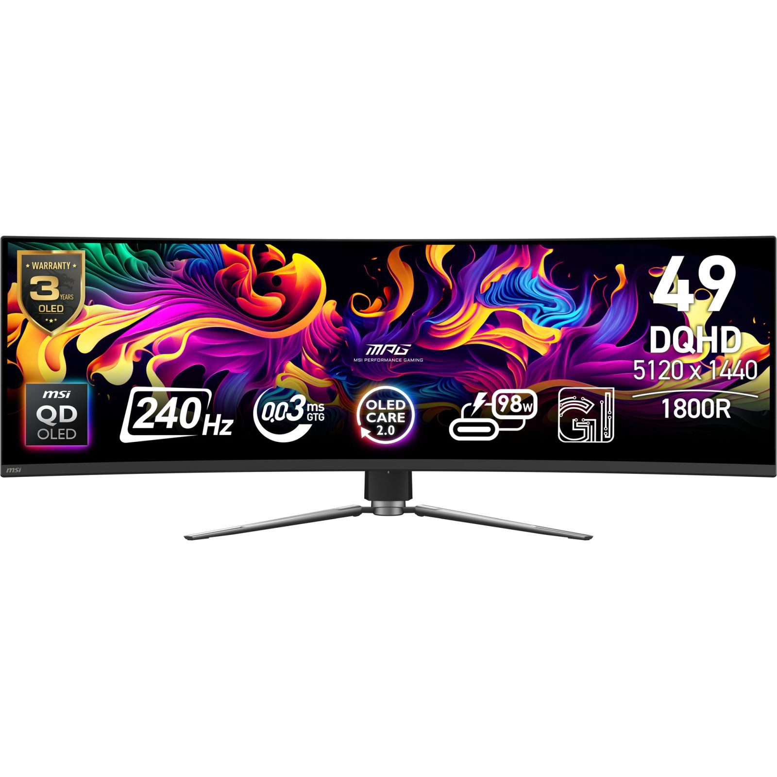 MSI MPG 491CQPXDE QD-OLED - OLED - Gaming - gebogen - 124.5 cm (49) - 512 TFT-Monitor (5120 x 1440 px, Dual QHD, 0,03 ms Reaktionszeit, 240 Hz, Curved, HDR, Kopfhörerbuchse, Höhenverstellbar)