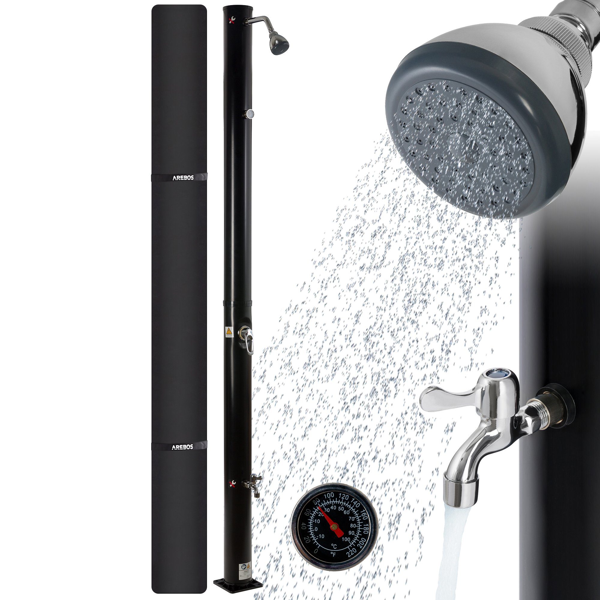 Arebos Solardusche 20 L Solar-Gartendusche mit Thermometer & Fußdusche (Komplett-Set), inkl. Abdeckhaube