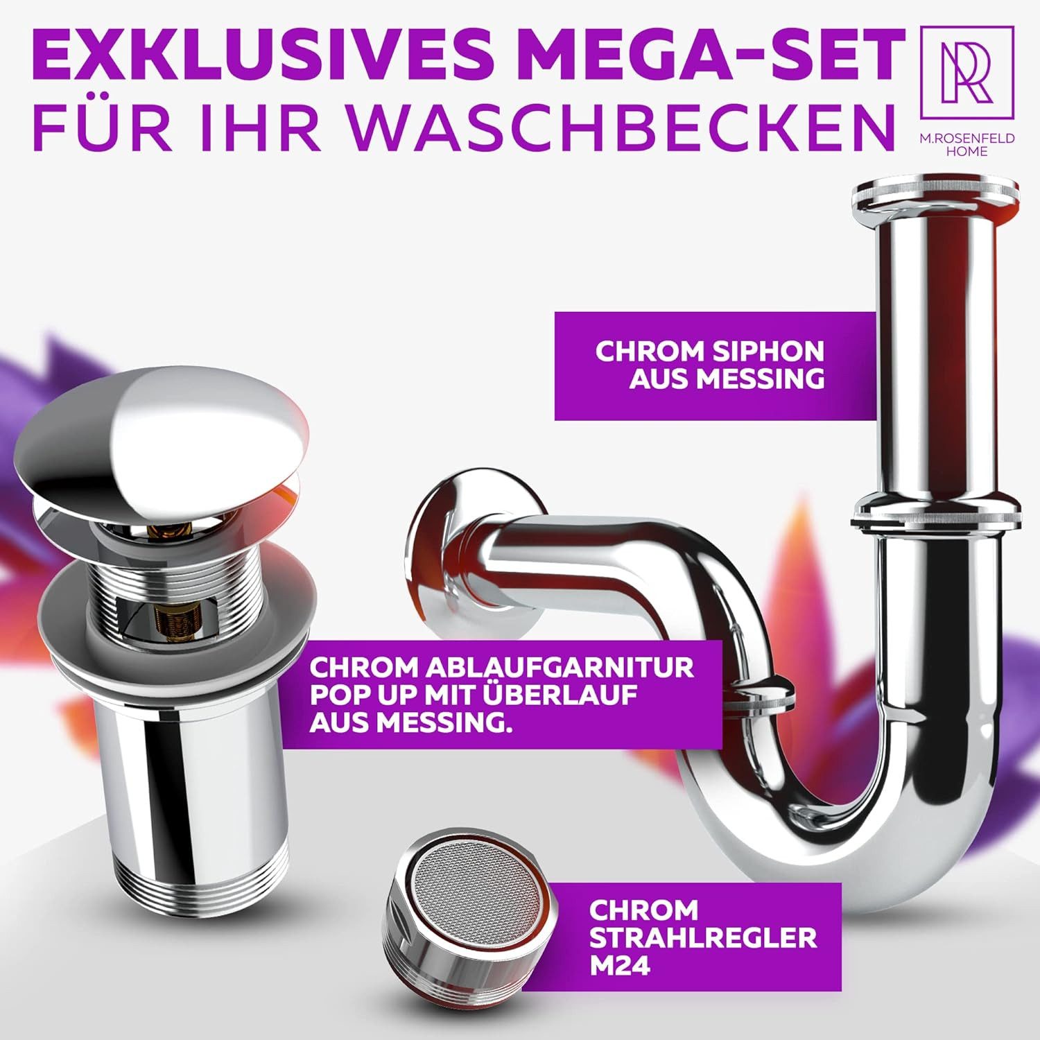 M. Rosenfeld Ablaufgarnitur Siphon Waschbecken POP UP mit Überlauf für Waschbecken, Waschtisch Geruchsverschluss