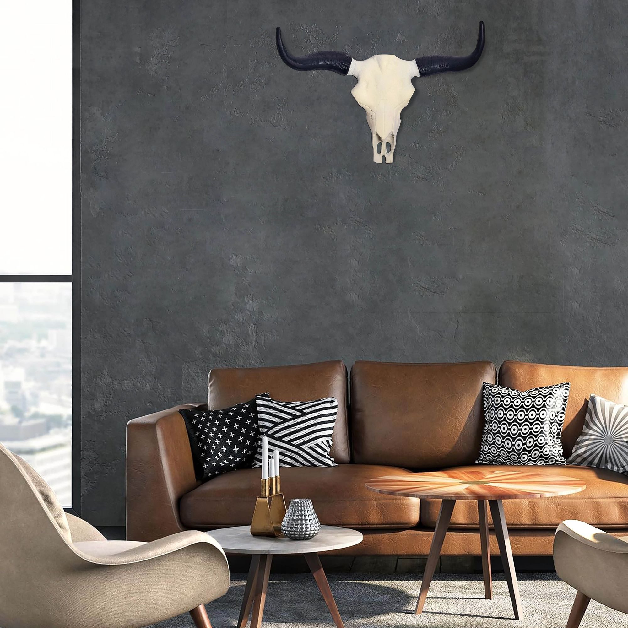 FINEBUY Wanddekoobjekt FB107988 Geweih Büffel Schädel Aluminium Hörner 55,5 cm Wanddekoration (Jagdtrophäe Wandschmuck, Wandgeweih Alu Modern), Geweih Büffel Schädel Wanddekoration 55,5 cm Weiß