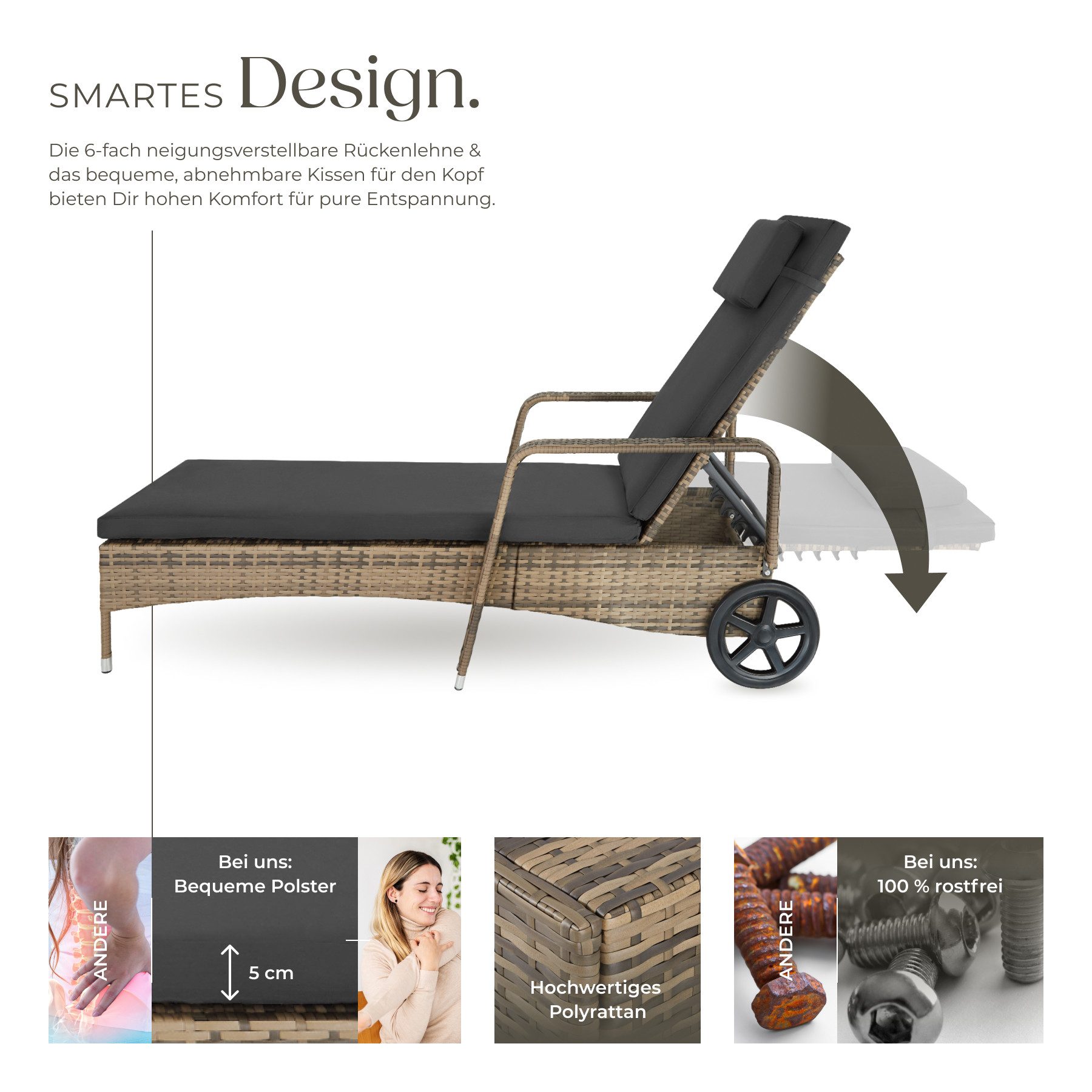 tectake Gartenliege Rattan Sonnenliege mit Rädern, abnehmbares Kopfkissen, 200 x 70 x, Liegestuhl, 1 St., in natur/dunkelgrau, widerstandsfähig, UV-beständig, 6-fach verstellbare Rückenlehne