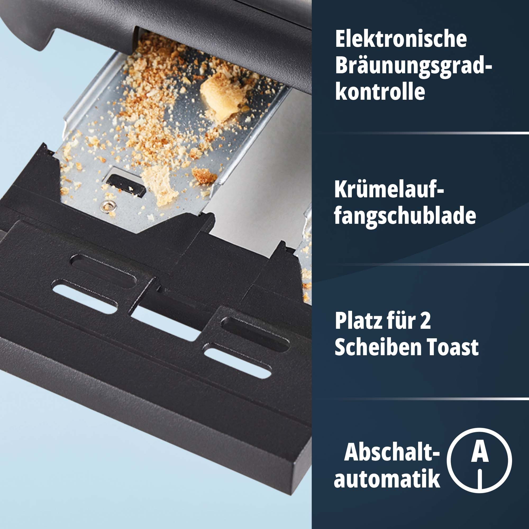 KHG Toaster Edelstahl, Auftau- und Aufwärmfunktion, 6 Bräunungsstufen, 2 kurze Schlitze, für 2 Scheiben, 1000 W, Brötchenaufsatz, Krümelschublade, Bagel-Funktion
