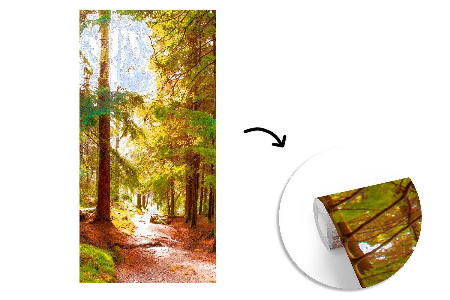 Wald - - bedruckt, Grün Küche, für - Matt, Natur, Schlafzimmer MuchoWow St), Bäume Weg Wohnzimmer (2 Fototapete Sonne - Fototapete - Vliestapete