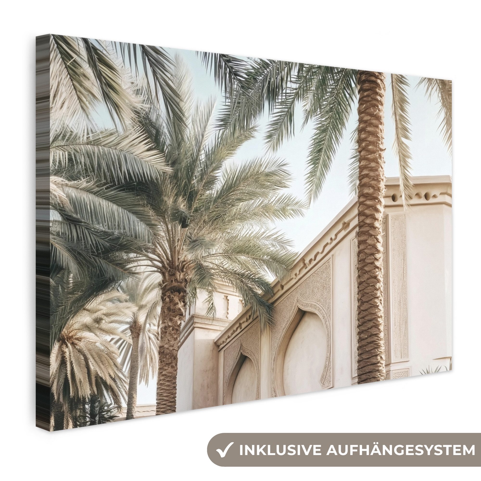 OneMillionCanvasses® Leinwandbild Gebäude - Palmen - Beige - Sonne, Fotodruck (1 St), Leinwand Bilder Klein, Wand Dekoration Aesthetic 30x20 cm