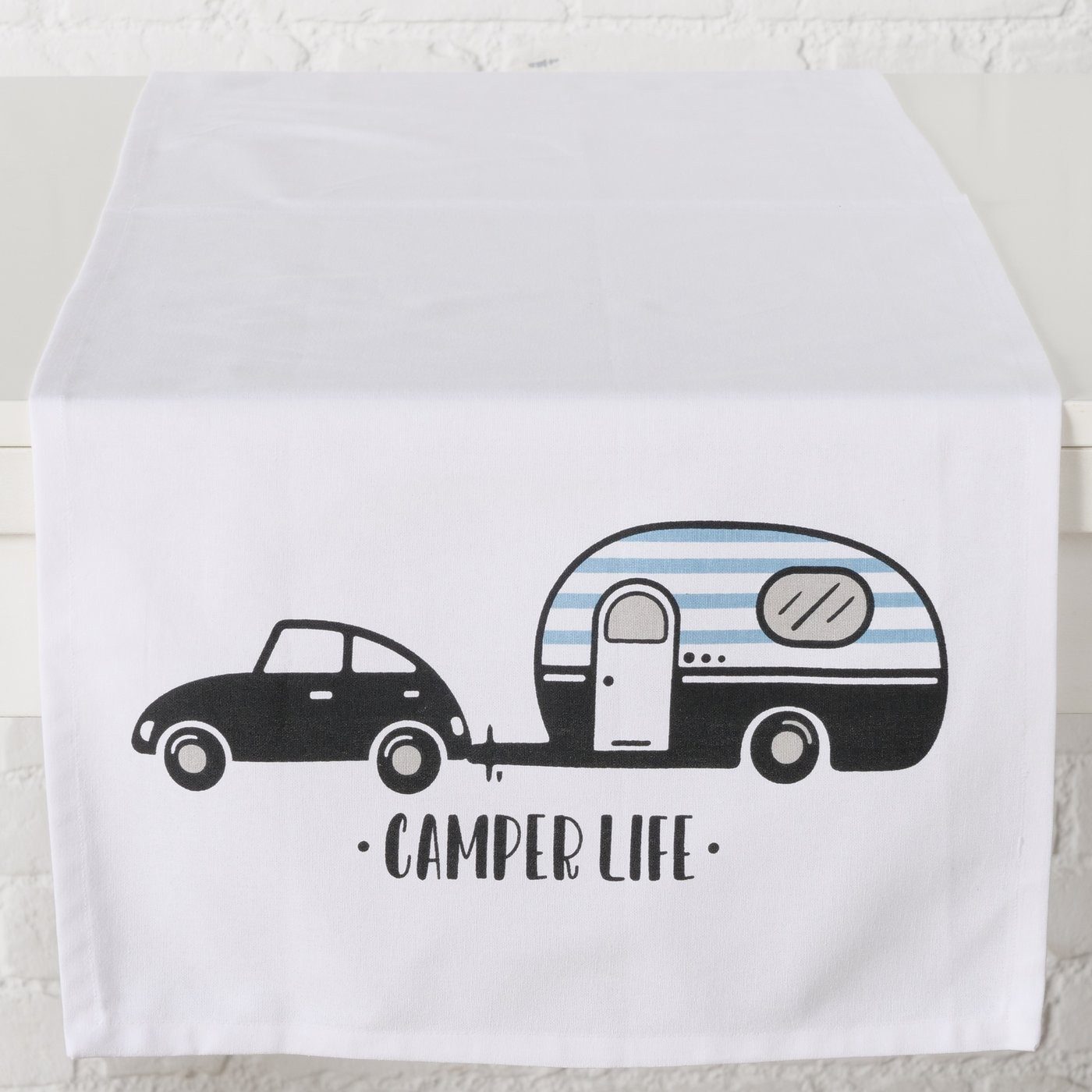 BOLTZE Tischläufer Tischläufer Camper Life schwarz weiß mit Auto und Wohnwagen Motiv (1-tlg)