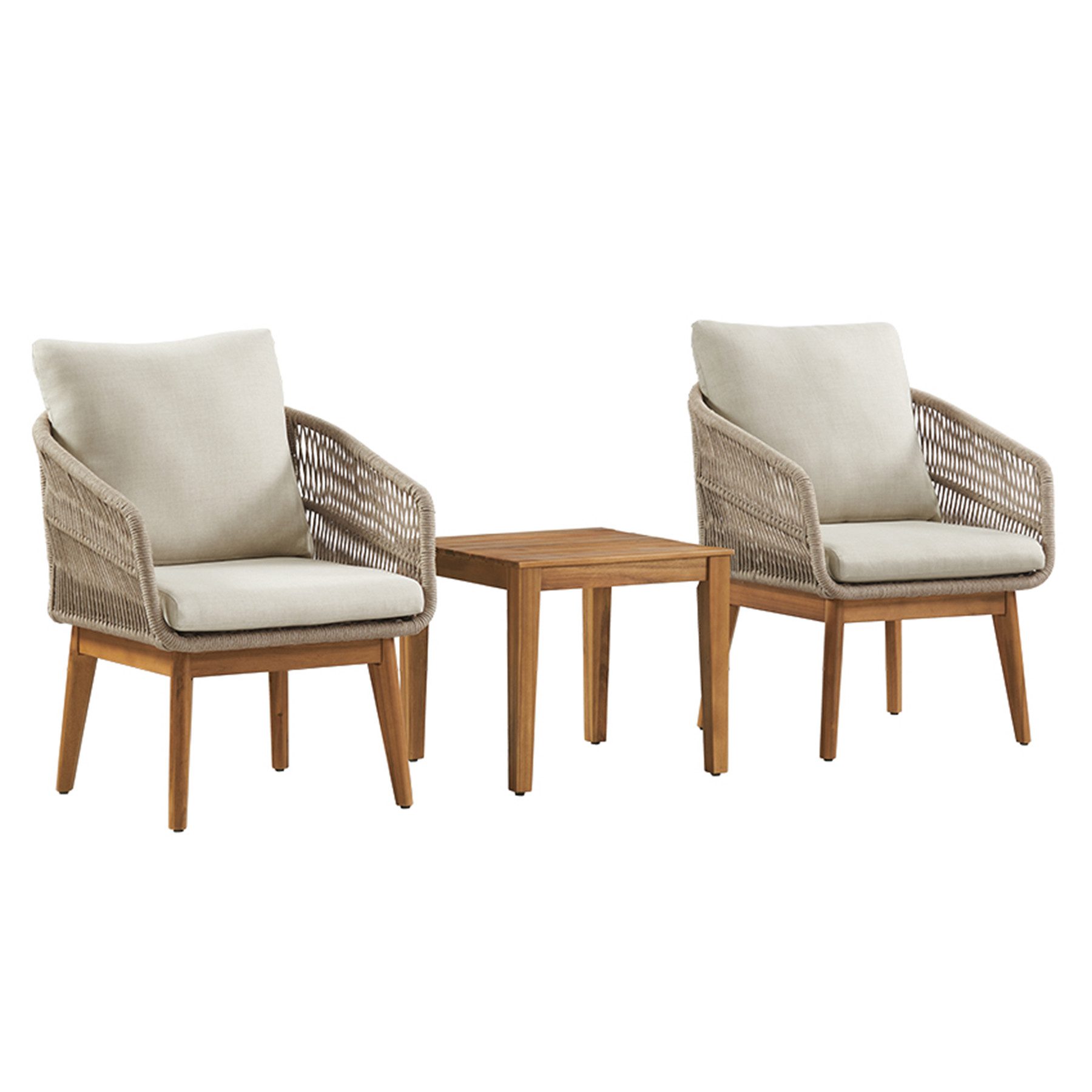 riess-ambiente Gartenlounge-Set ROPE natur taupe– Massivholz & Aluminium mit 2 Sesseln, Tisch & Kissen, (Set, 3-tlg), pflegeleichte Balkonmöbel, wetterfest, moderne Outdoor-Sitzgruppe