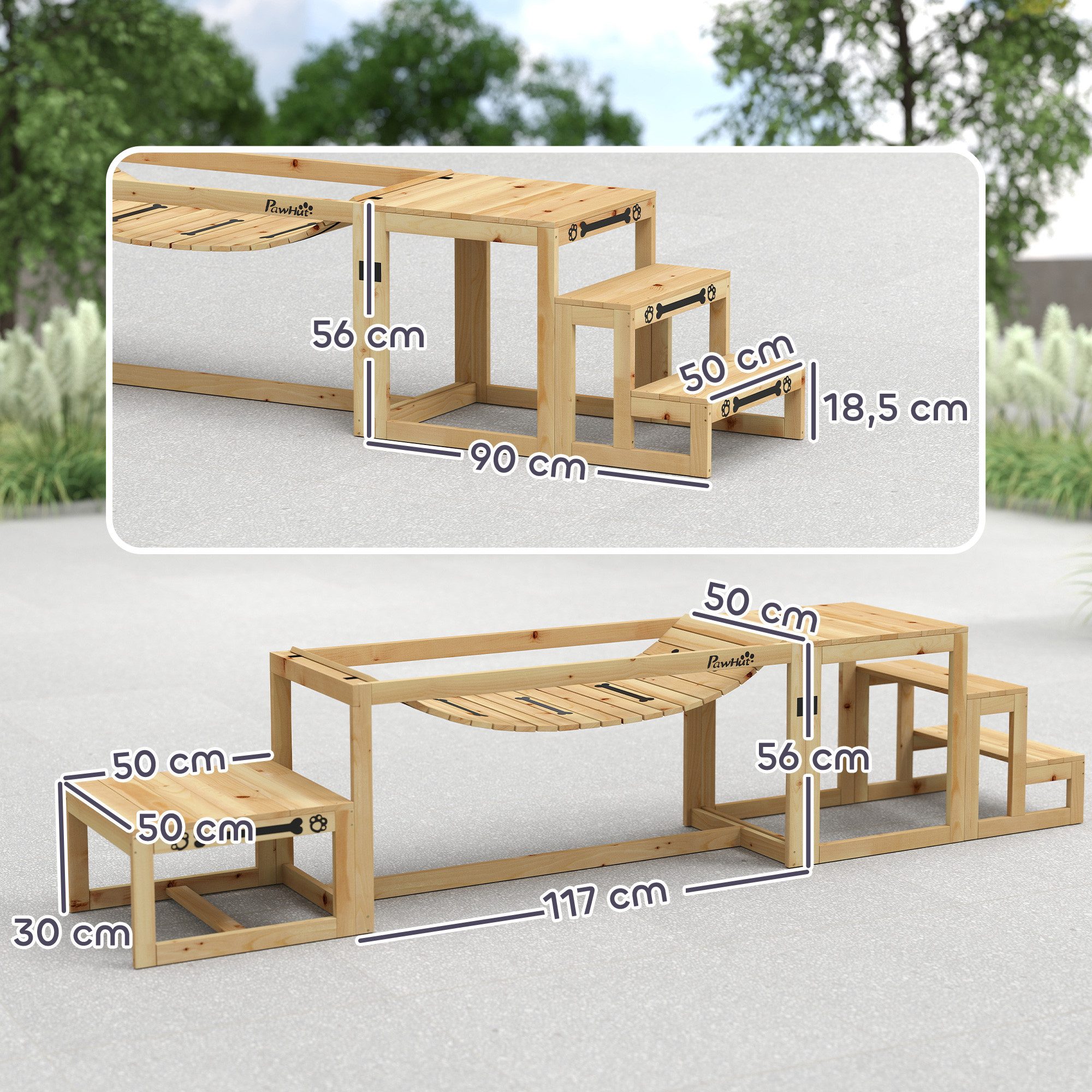 PawHut Agility-Hürde 4er-Set Hundetraining mit Brücke, Treppe, Plattform, Tannenholz, Agility Set (3-tlg) für mittelgroße, große Hunde bis 40 kg, Naturholz