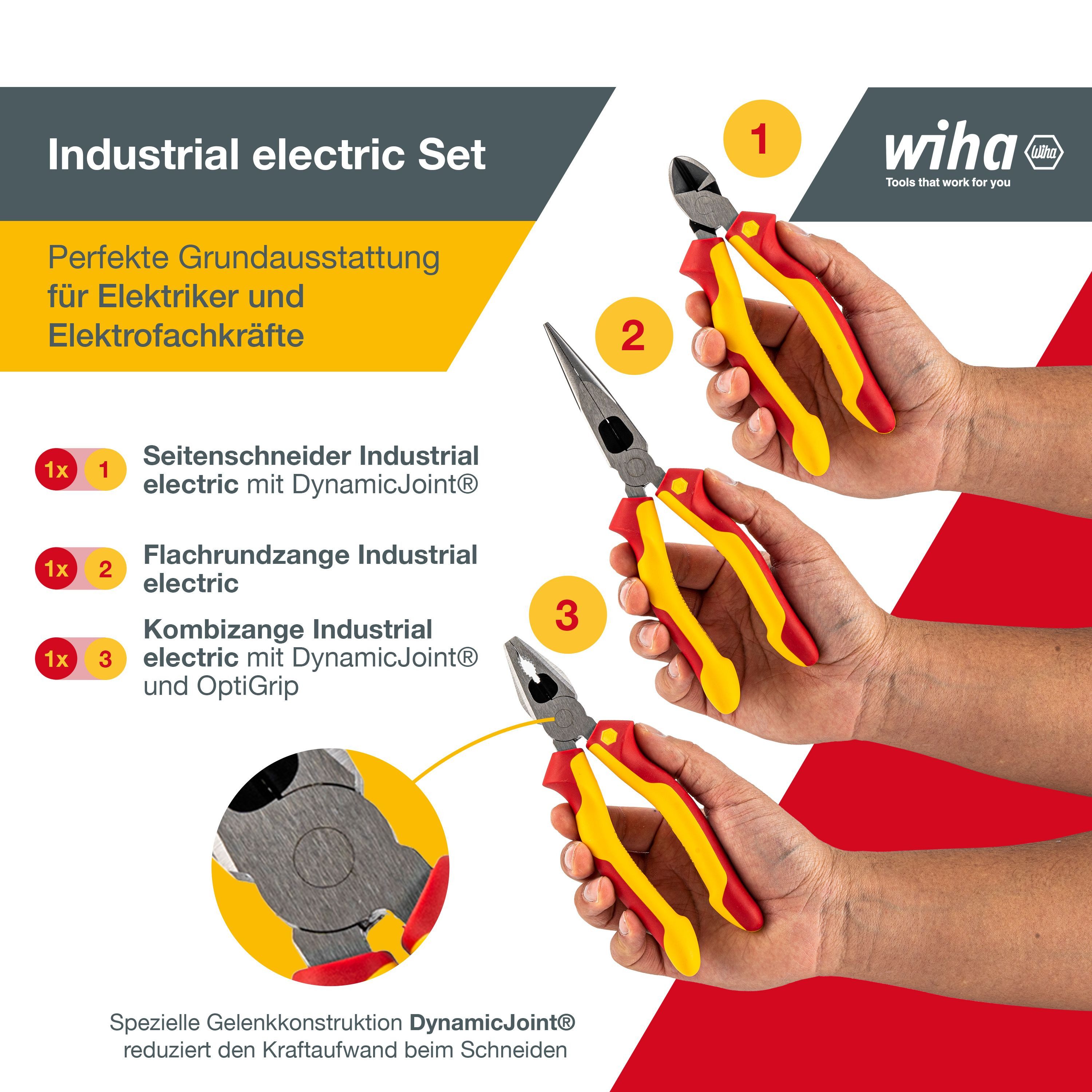 Wiha Zangenset Elektriker (38637) - 3 tlg., Kombizange 180 mm, Flachrundzange 200 mm, Seitenschneider 160 mm, VDE
