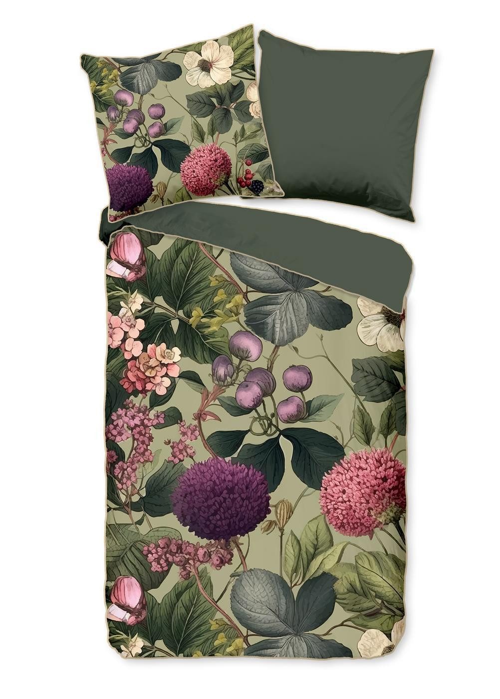 Descanso Bettwäsche Mako Satin Bettwäsche 135 X 200 cm + 1- 80 X 80 cm Onaz grün flowers, Baumwolle, 2 teilig, bettwäsche 135x200 baumwolle sale warm weihnachten 135x200 bettbezug