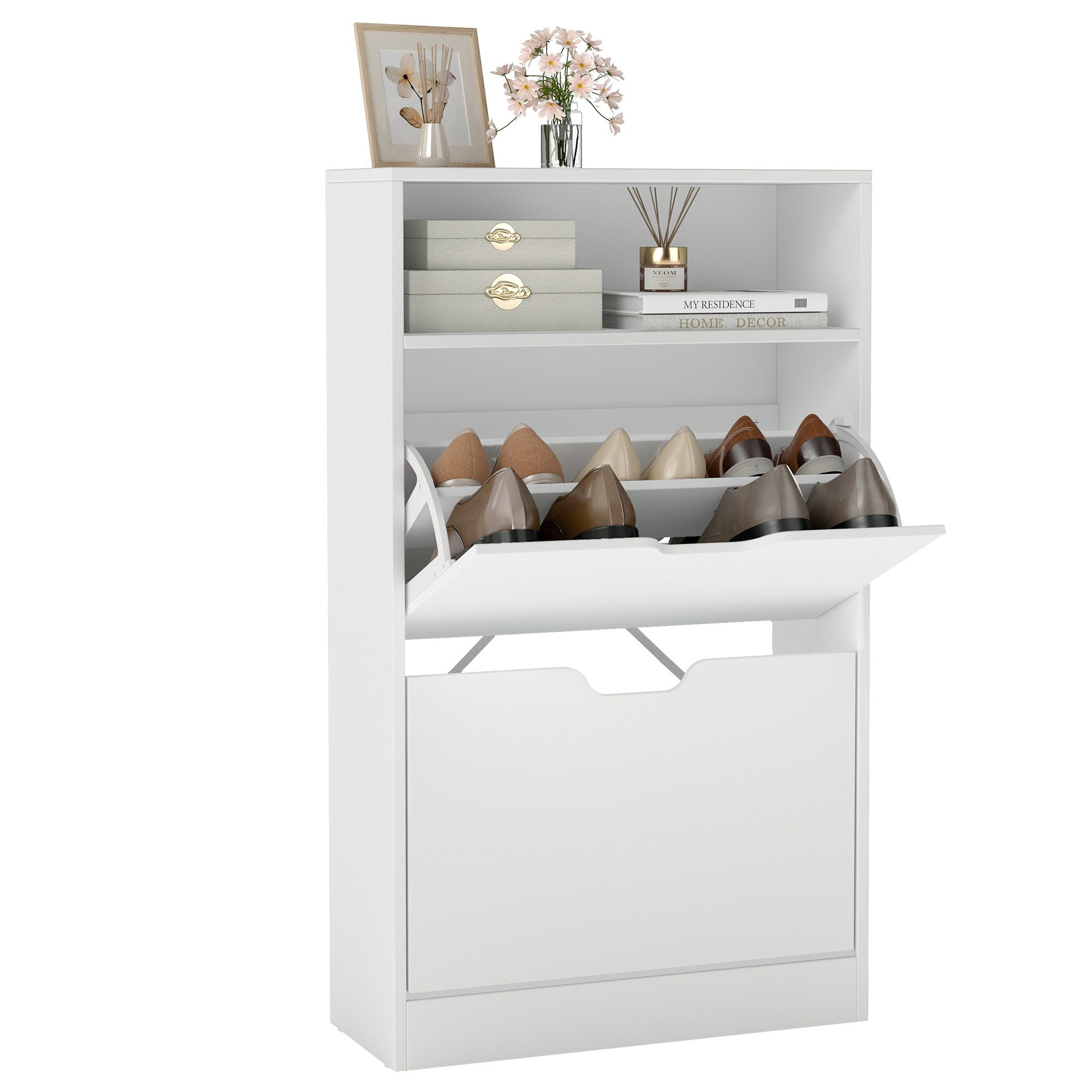 VASAGLE Schuhschrank Schuhkipper schmal, 2 oder 3 Klappen, offenes Fach oben Trennwand verstellbar, Höhe 102/139 cm, bis EU-Größe 45
