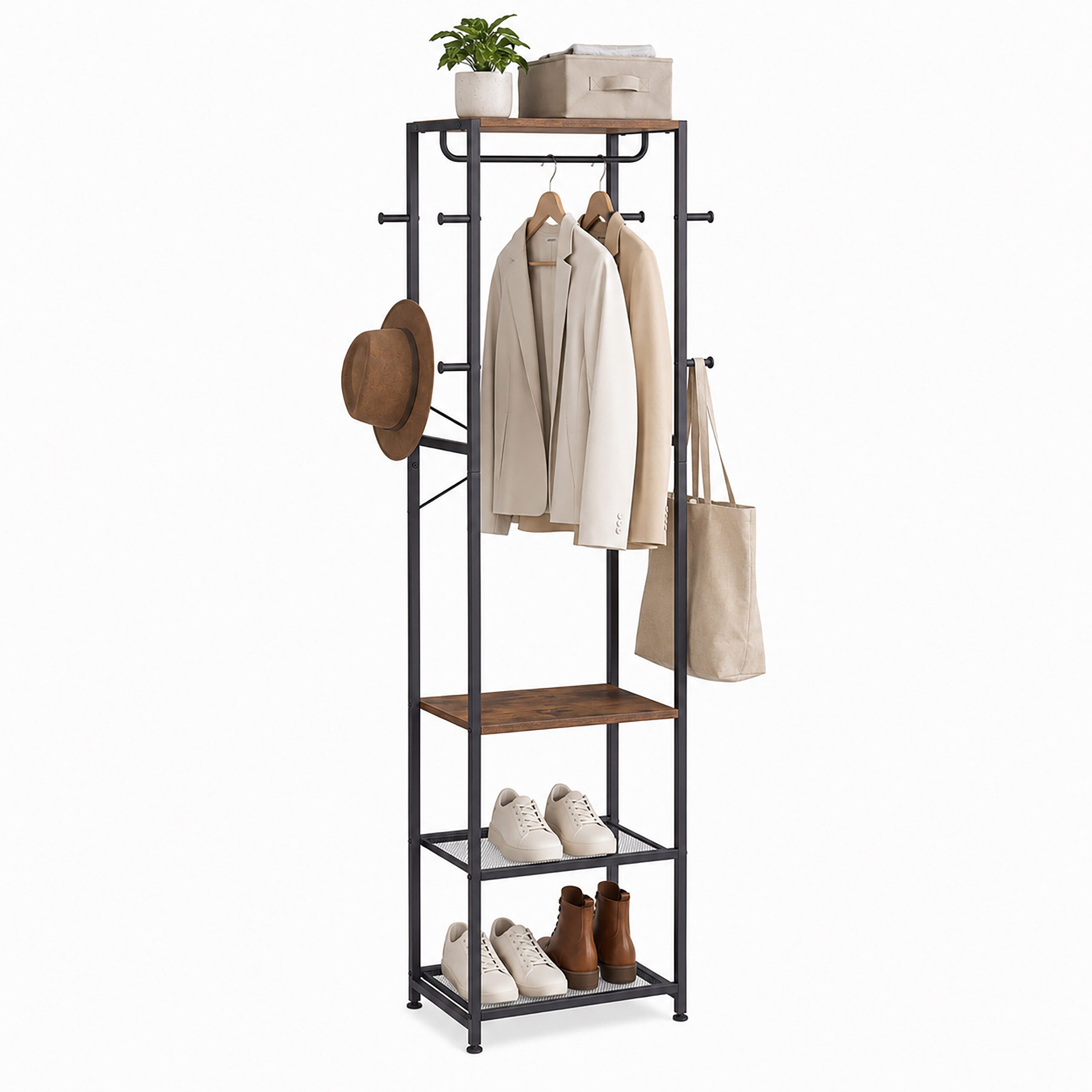 relaxdays Garderobenständer Haken, Ablage & Stange, Vintagebraun