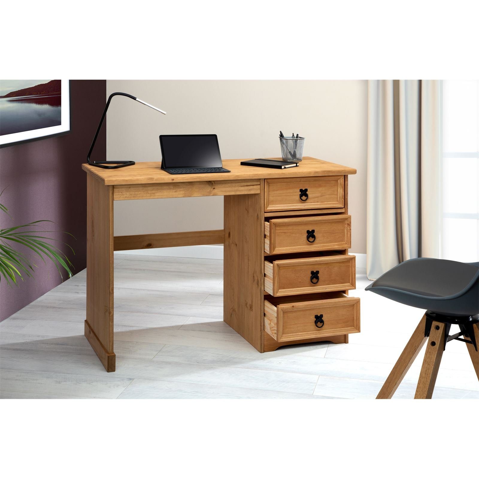 CARO-Möbel Schreibtisch Schreibtisch Kiefer Bürotisch Schubladen M SALSA, PC Computertisch mit massiv