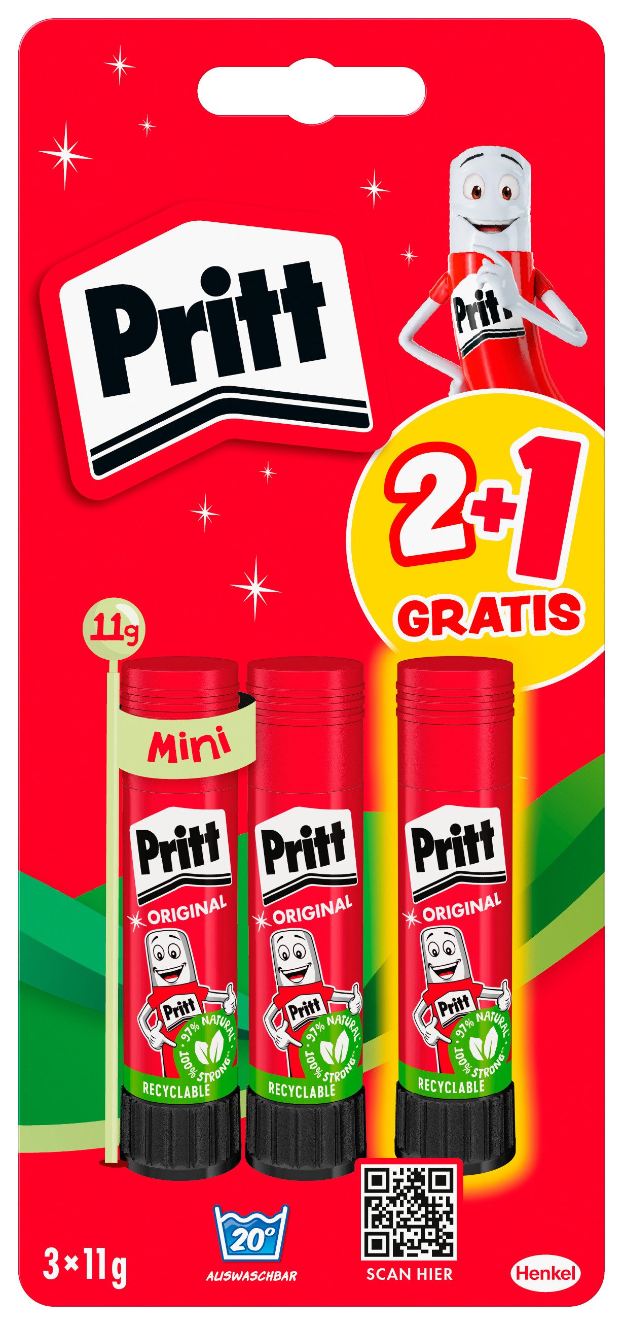 PRITT Bastelkleber Klebestift, 3x 11g