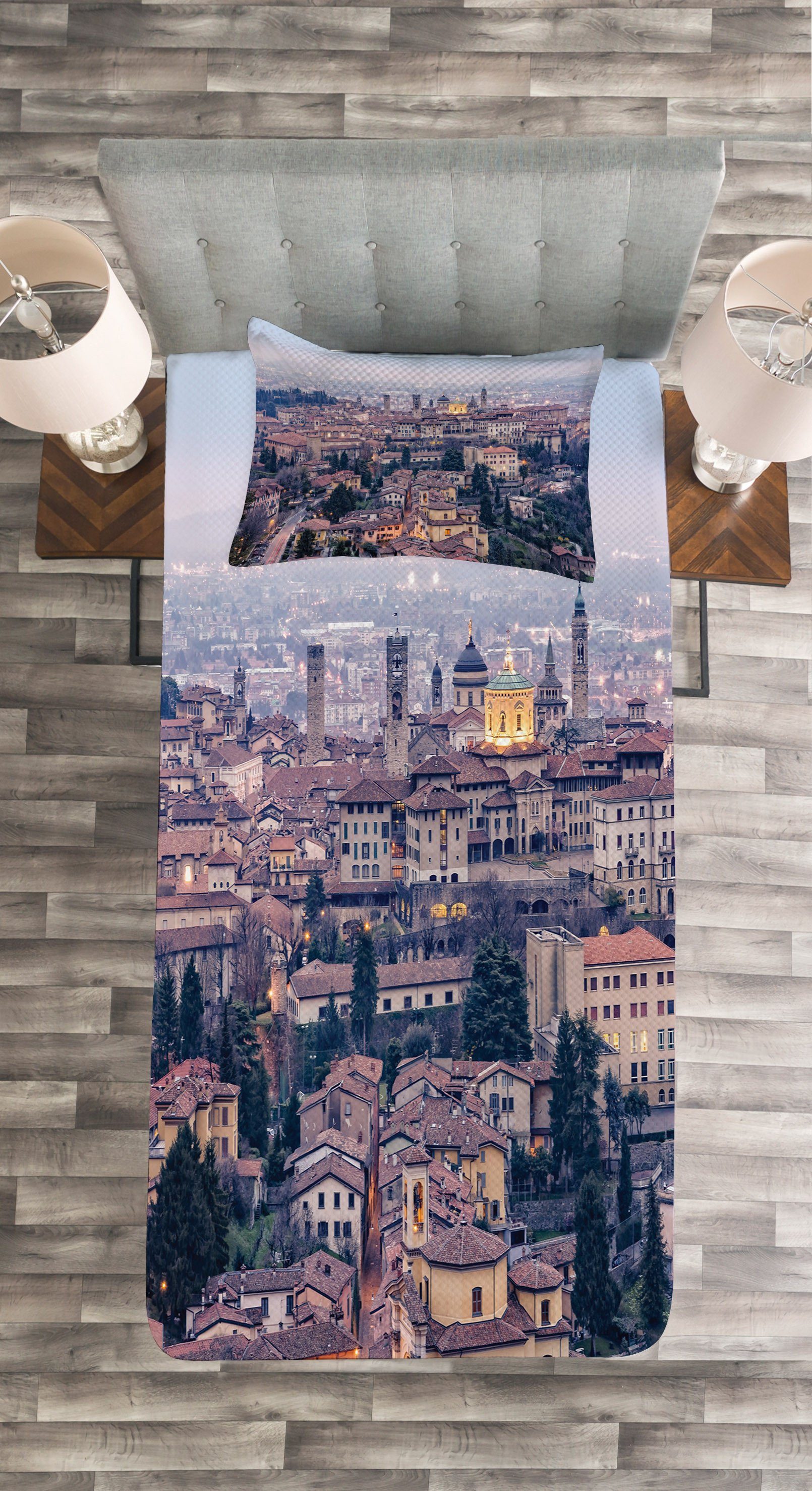 Kissenbezügen Alte Bergamo Abakuhaus, Waschbar, mit Stadt Stadtbild Häuser Tagesdecke Set
