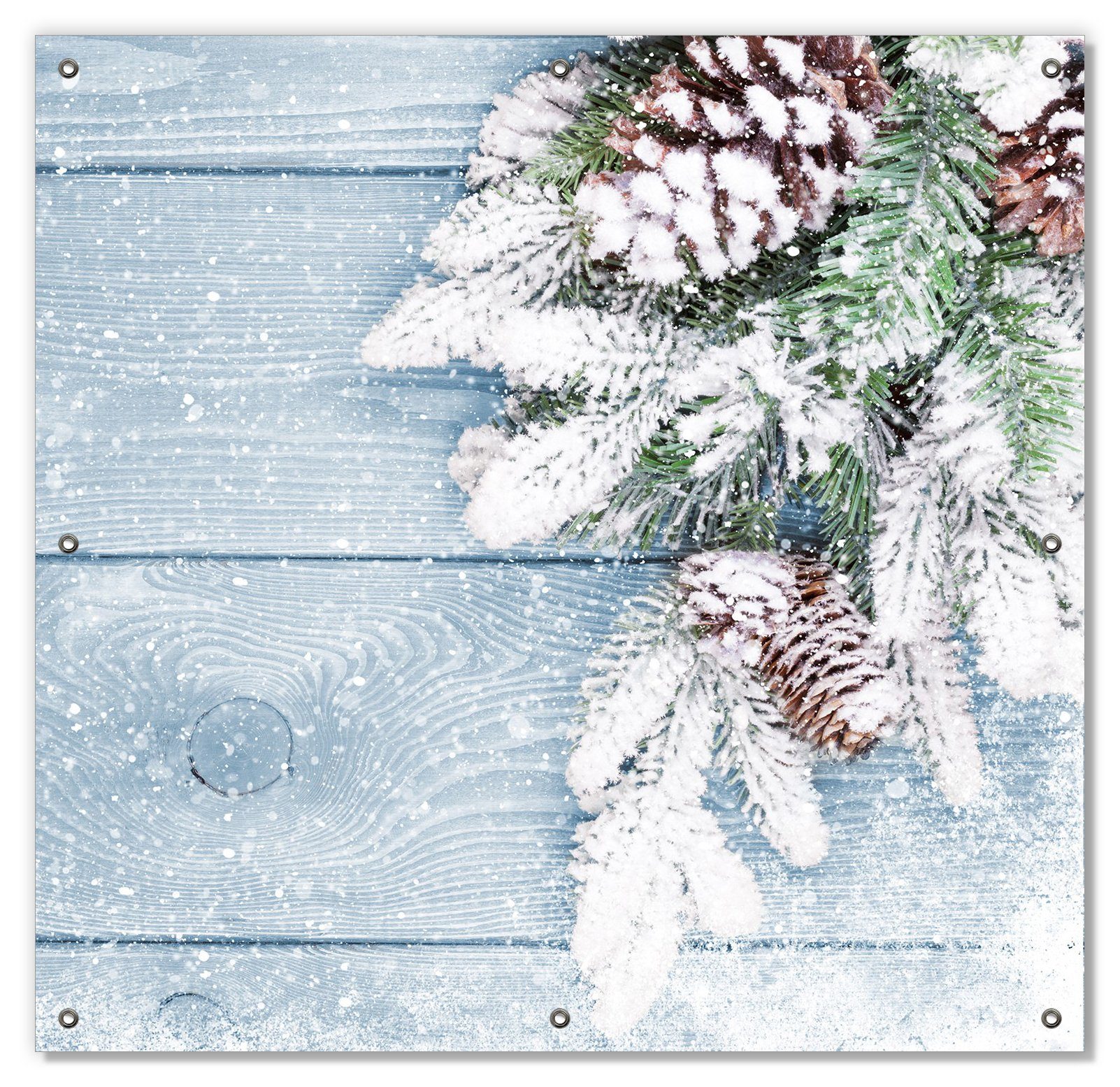 Sonnenschutz Verschneite Tannenzweige auf Holz - Winterdekoration, Wallario, blickdicht, mit Saugnäpfen, wiederablösbar und wiederverwendbar | Fensterfolien