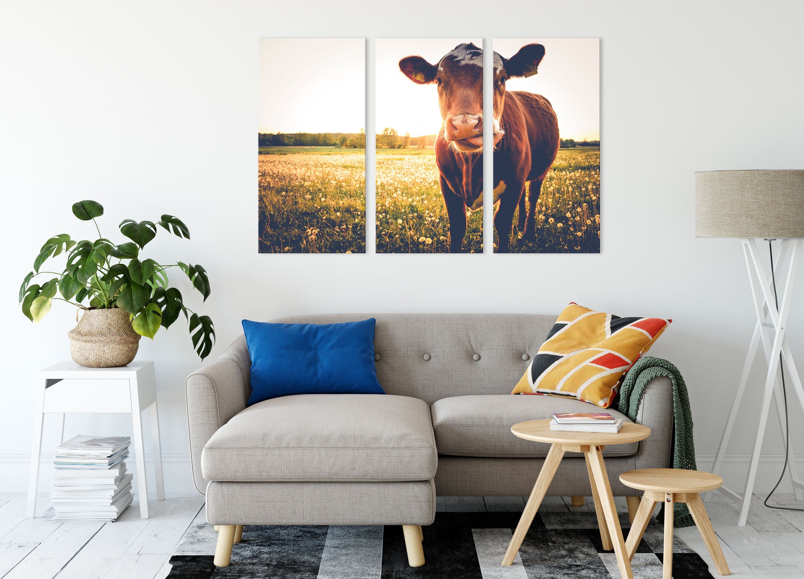 Pixxprint Leinwandbild Kuh auf Butterblumenwiese, fertig inkl. 3Teiler Butterblumenwiese Zackenaufhänger Leinwandbild (1 Kuh auf (120x80cm) St), bespannt