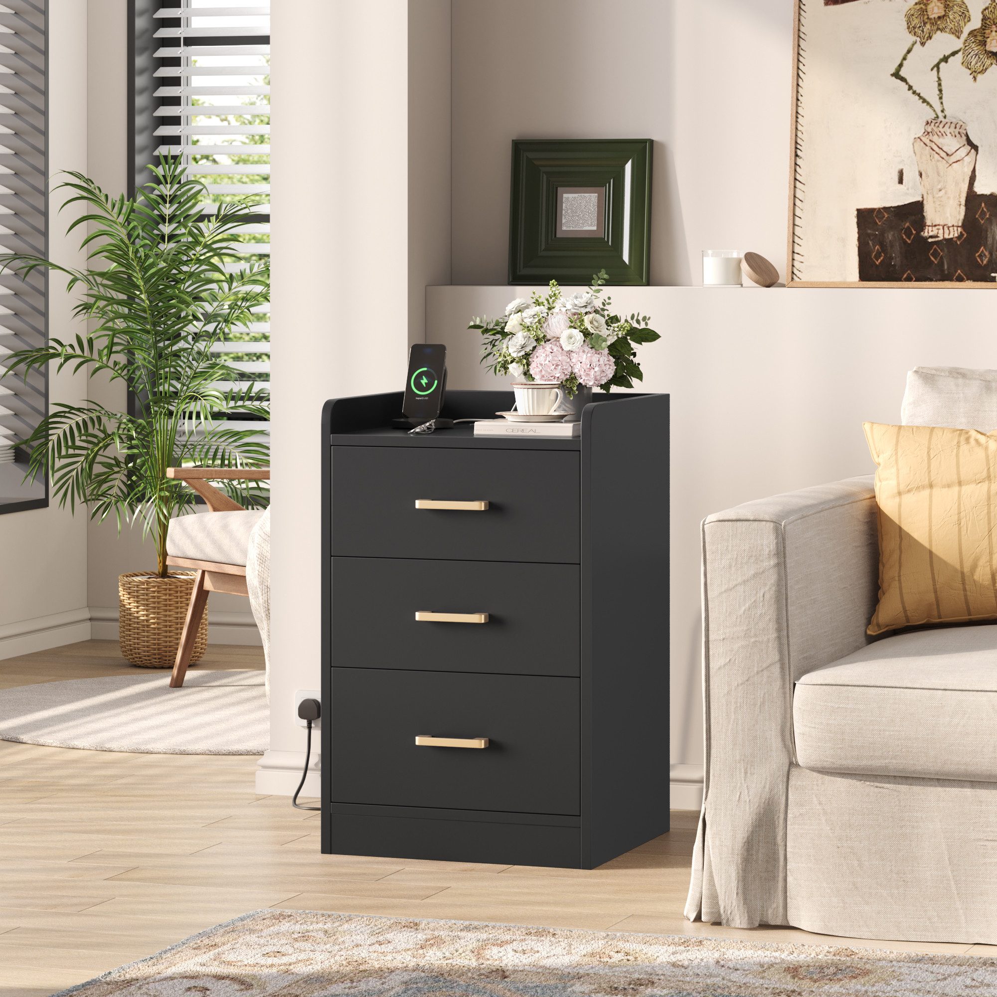 Homfa Nachttisch Nachtschrank mit Ladefunktion (2-St), 3 Schubladen, 2 AC-Steckdosen, 2 USB-Anschlüsse, 40x38x66cm – Bild 3 von 5