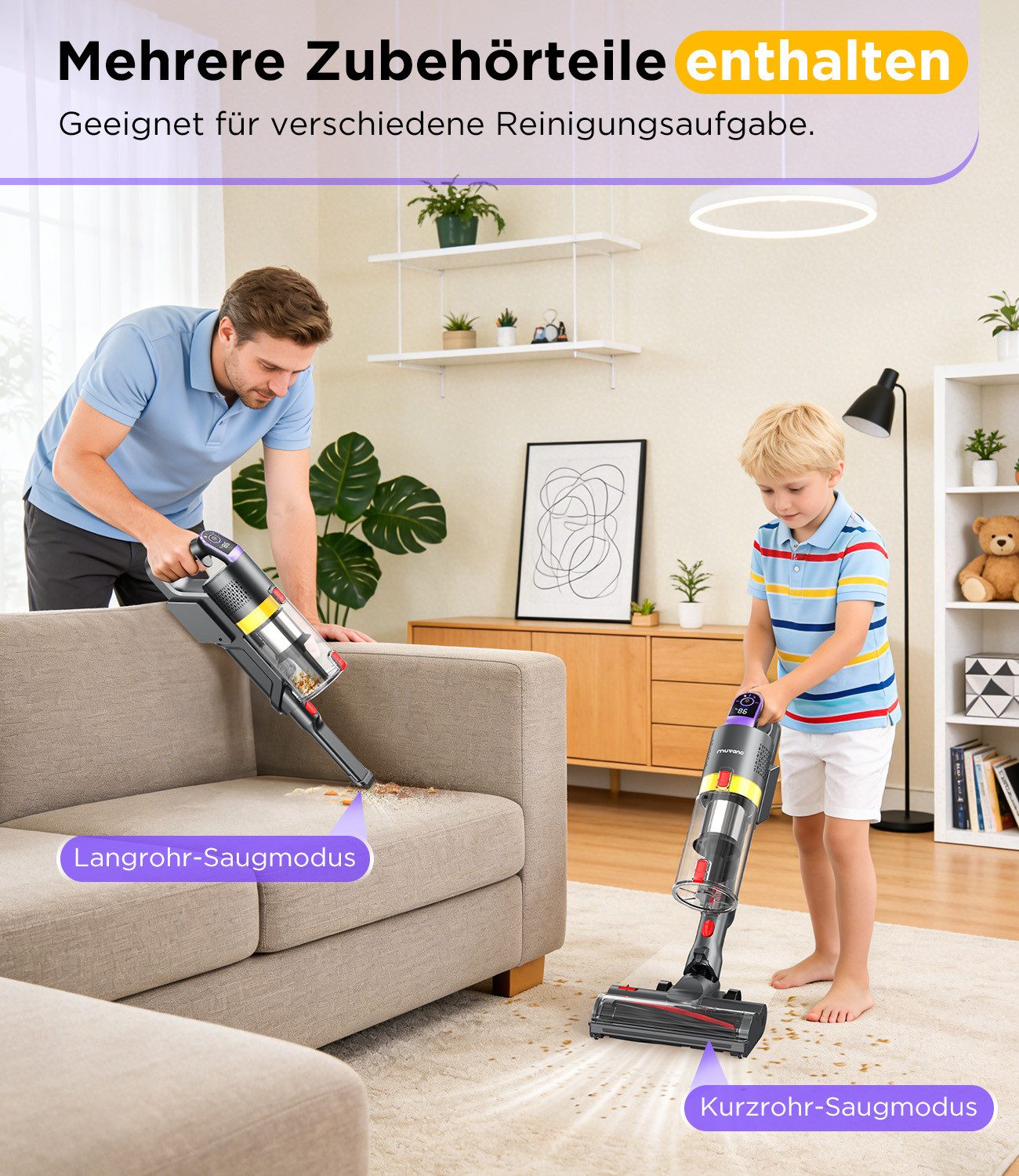 muvano Akku-Hand-und Stielstaubsauger 60Min, 45000Pa Akku Staubsauger Kabellos, Anti-Tangle-Bürste, mit Beutel, Selbststehend, Wandladestation,für Tierhaare/Teppiche/Hartböden/Auto