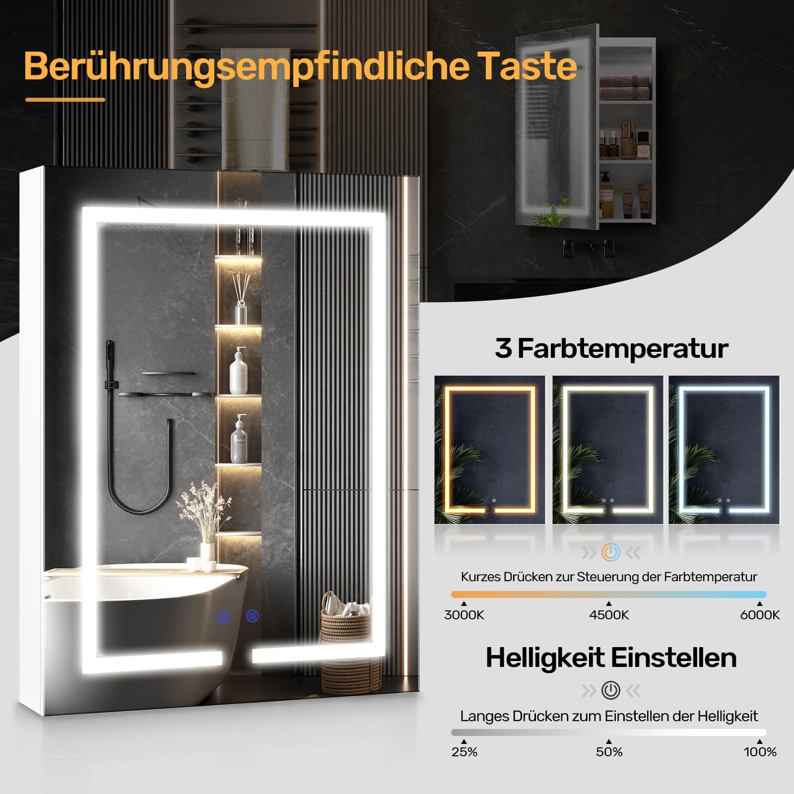 H.yeed Spiegelschrank Bad mit Beleuchtung und Steckdose, Verstellbares Regal, Entfogging-Funktion, Wandmontage