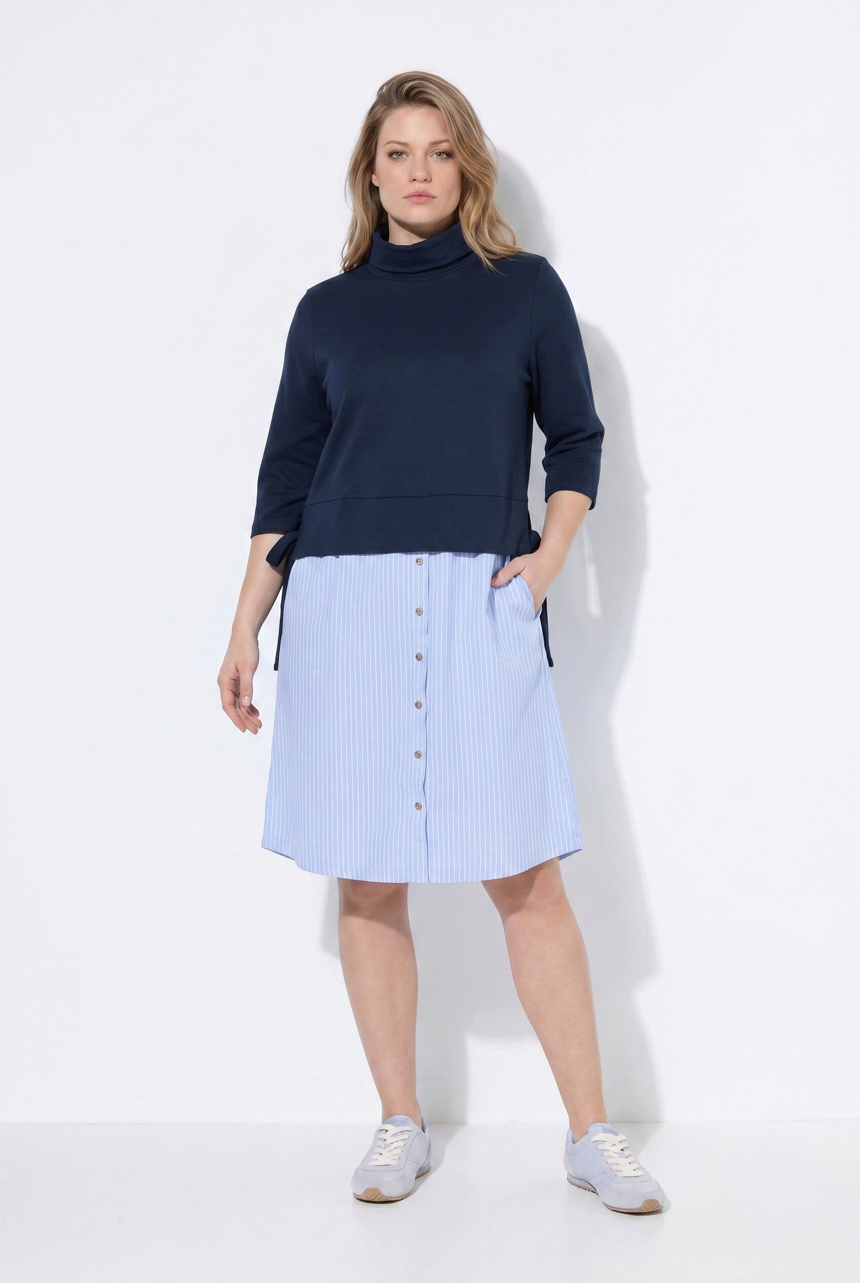 Ulla Popken Midikleid Kleid Materialmix Rollkragen 3/4-Arm Biobaumwolle