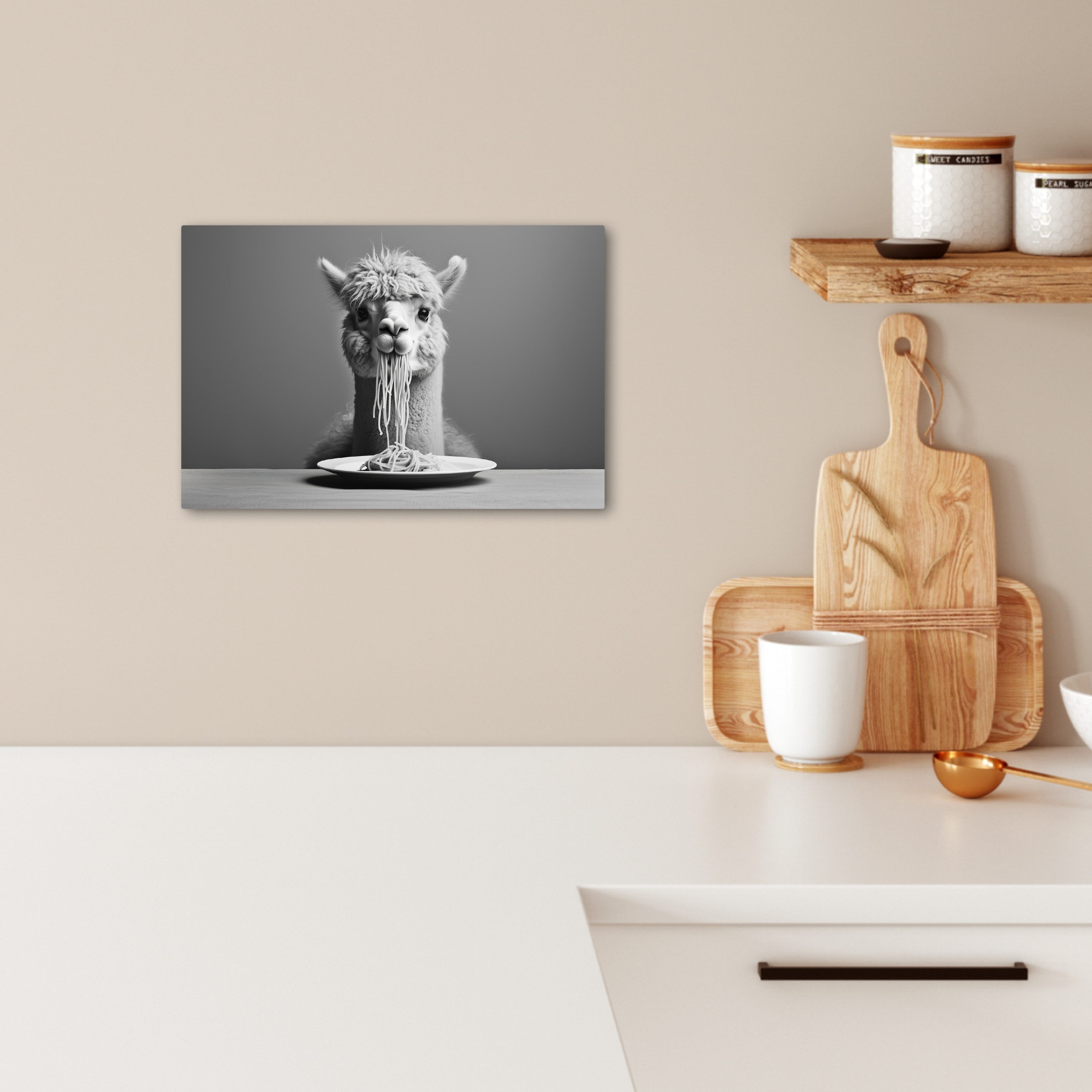 OneMillionCanvasses® Leinwandbild Alpaka - Nudeln - Schwarz - Weiß - Lustig günstig online kaufen