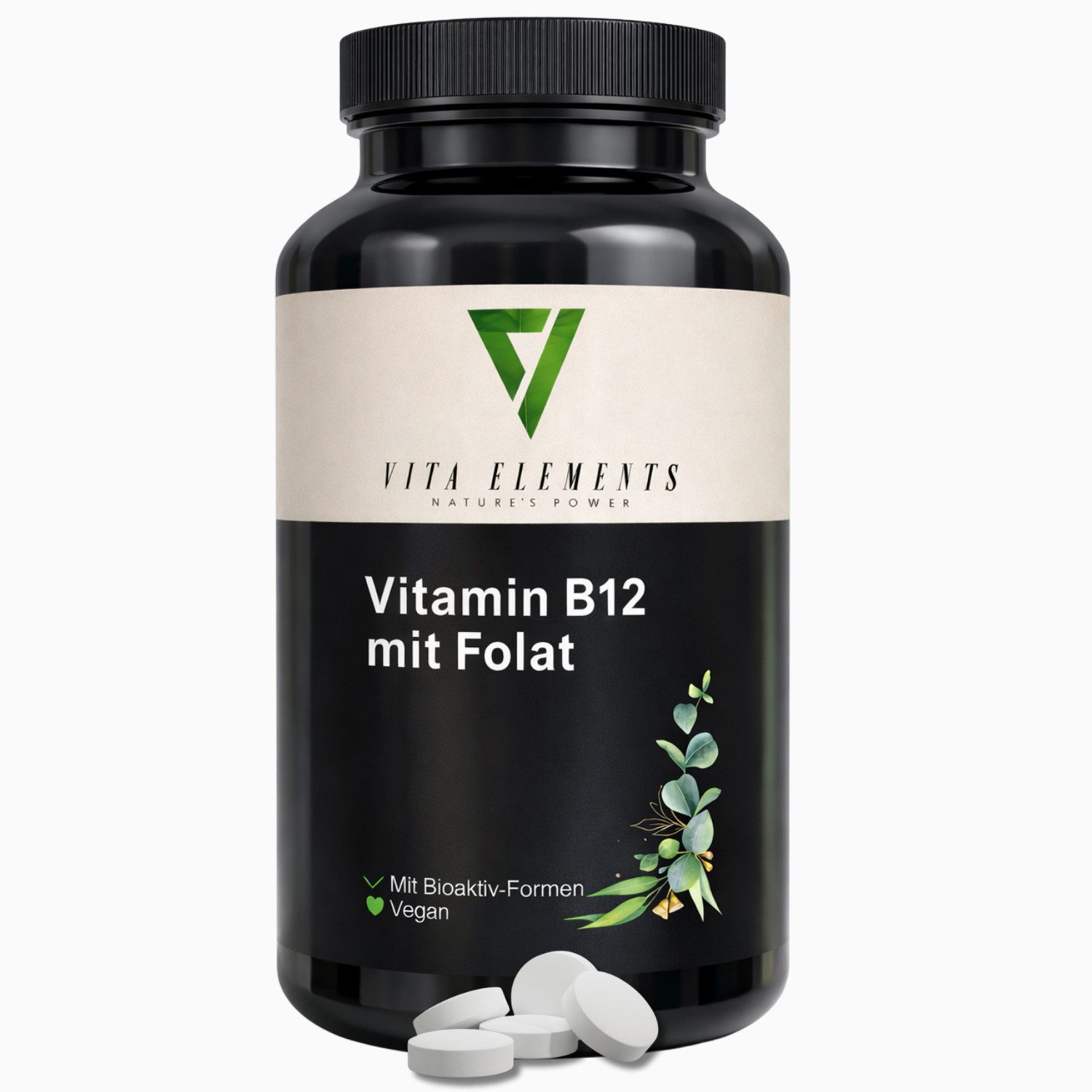 Vita Elements Vitamin B12 mit Folat Tabletten, 1 er Packung à 180 St., Mit Bioaktiv-Formen, Vegan, Quatrefolic®, 500µg B12, Laborgeprüft