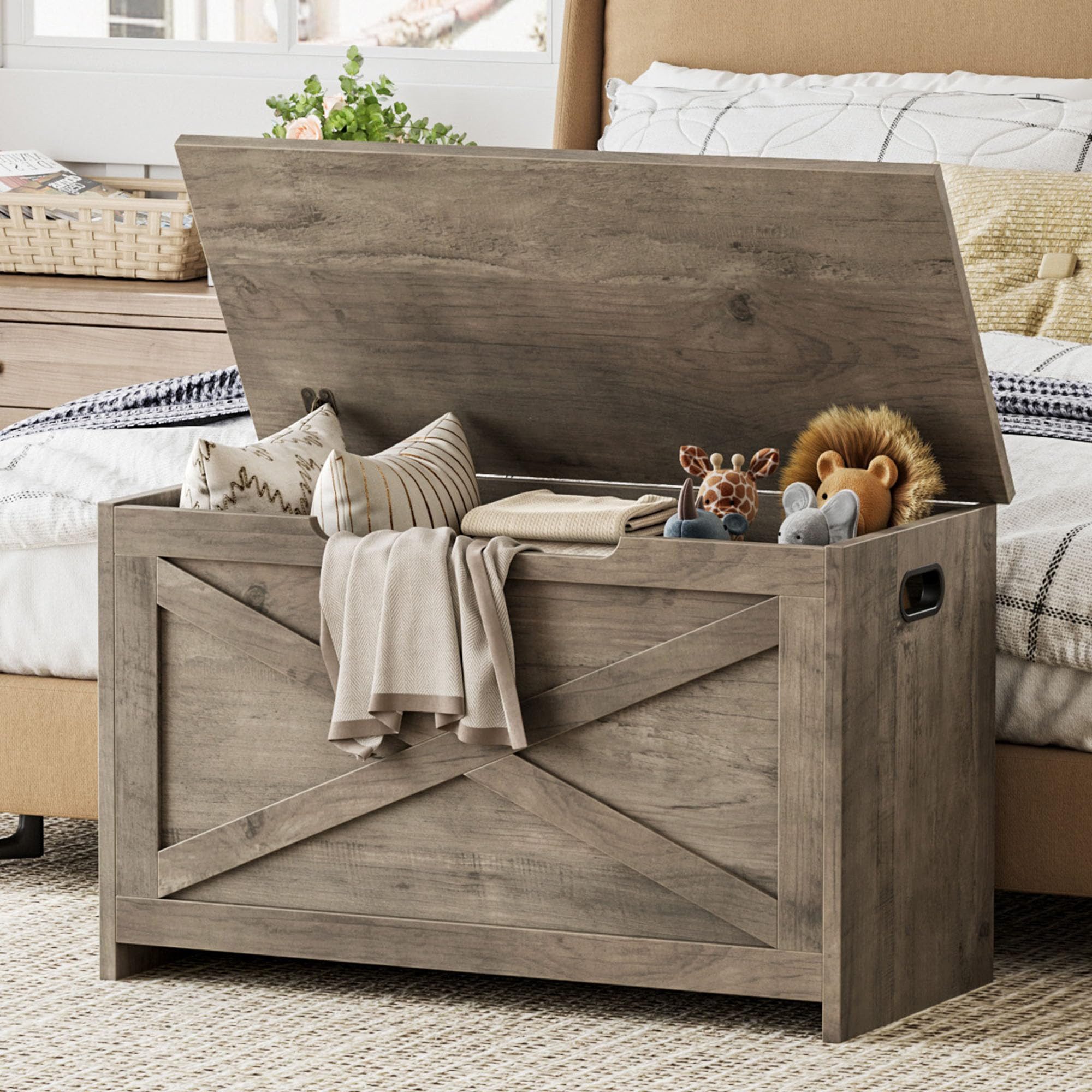 GarveeMore Sitztruhe Aufbewahrungsbox, Sicherheitsscharnier, seitliche Griffe, 75x40x45 cm, 136 kg Traglast, braun/rosa/weiß/grau