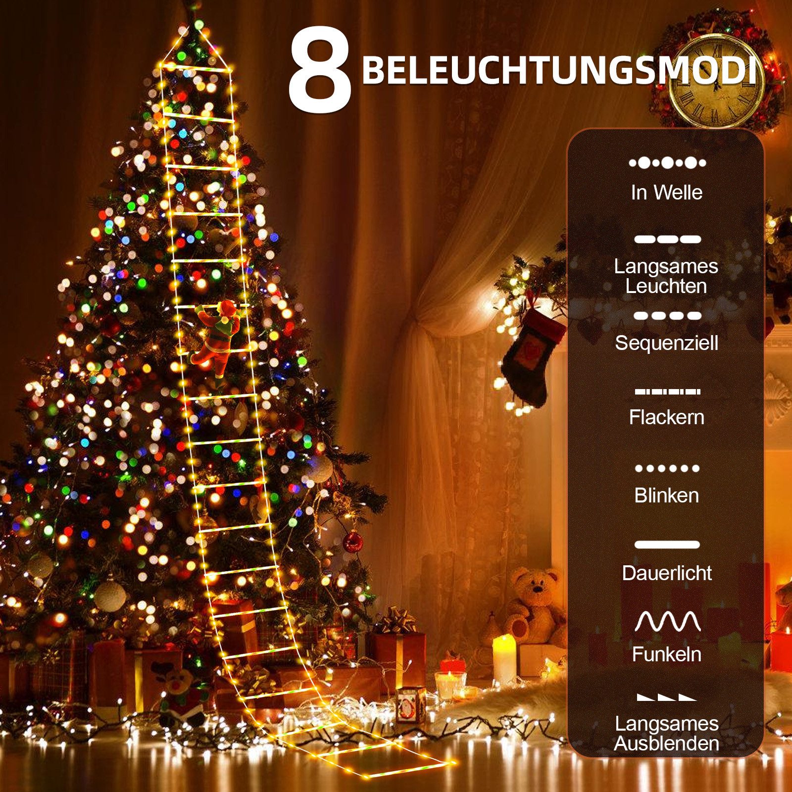 OZAVO LED-Lichterkette LED Weihnachtsmann Leiter Lichterkette, 3M Weihnachtslichterkette, 228-flammig, mit Timer,Wasserdicht,für Fenster,Garten,Haus Weihnachten Deko