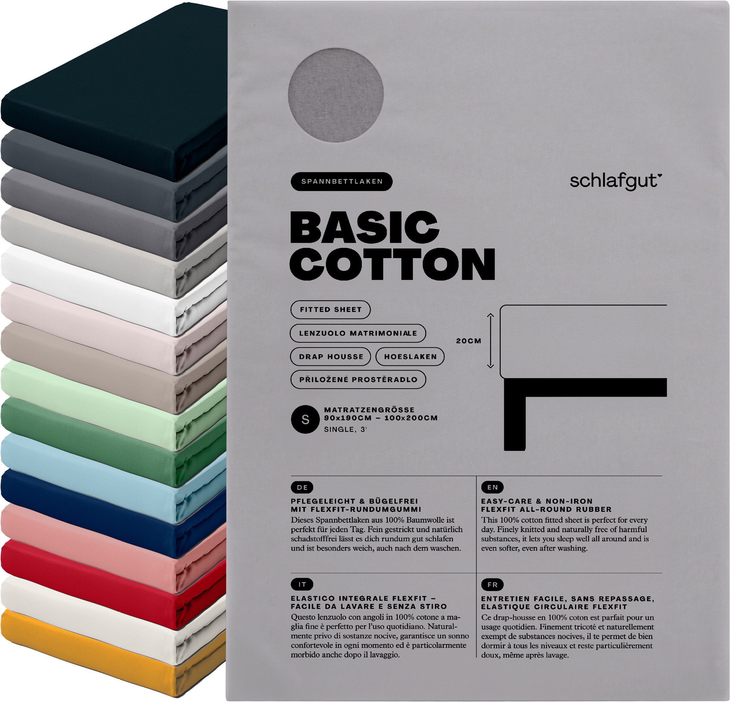 Schlafgut Spannbettlaken Basic Cotton Bettlaken, 160 g/m², 100% Baumwolle, Spannbetttuch, Jersey, Gummizug: rundum, (1 Stück), Spannbettlaken bis 20 cm Matratzenhöhe, bügelfrei und pflegeleicht