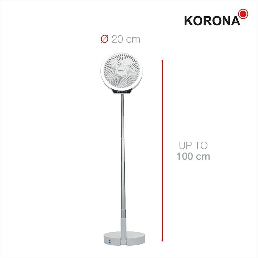 KORONA Akku-Standventilator 81010, faltbar, tragbar, mobil, Tischvenitlator, Standventilator, Touch Bedienung, über USB aufladbar, 8000 mAh Akku, inkl. Netzteil, beleuchtet, LED Ringlicht, sehr leise, sehr leicht, höhenversellbar bis ca. 1m, weiß