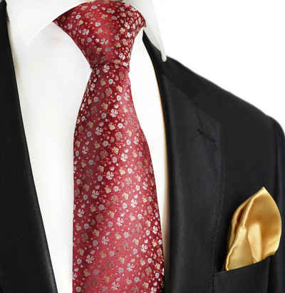 Paul Malone Krawatte 7-Fold Seidenkrawatte Schlips modern elegant 100% Seide geblümt (Set, 2-St., mit Einstecktuch) rot gold S14788-25