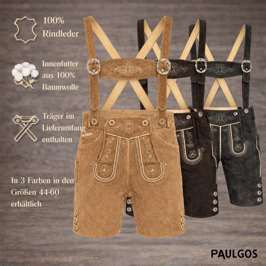 PAULGOS Trachtenhose Herren Lederhose Kurz mit Trägern 100% Echtleder - HK2 – Bild 4 von 5