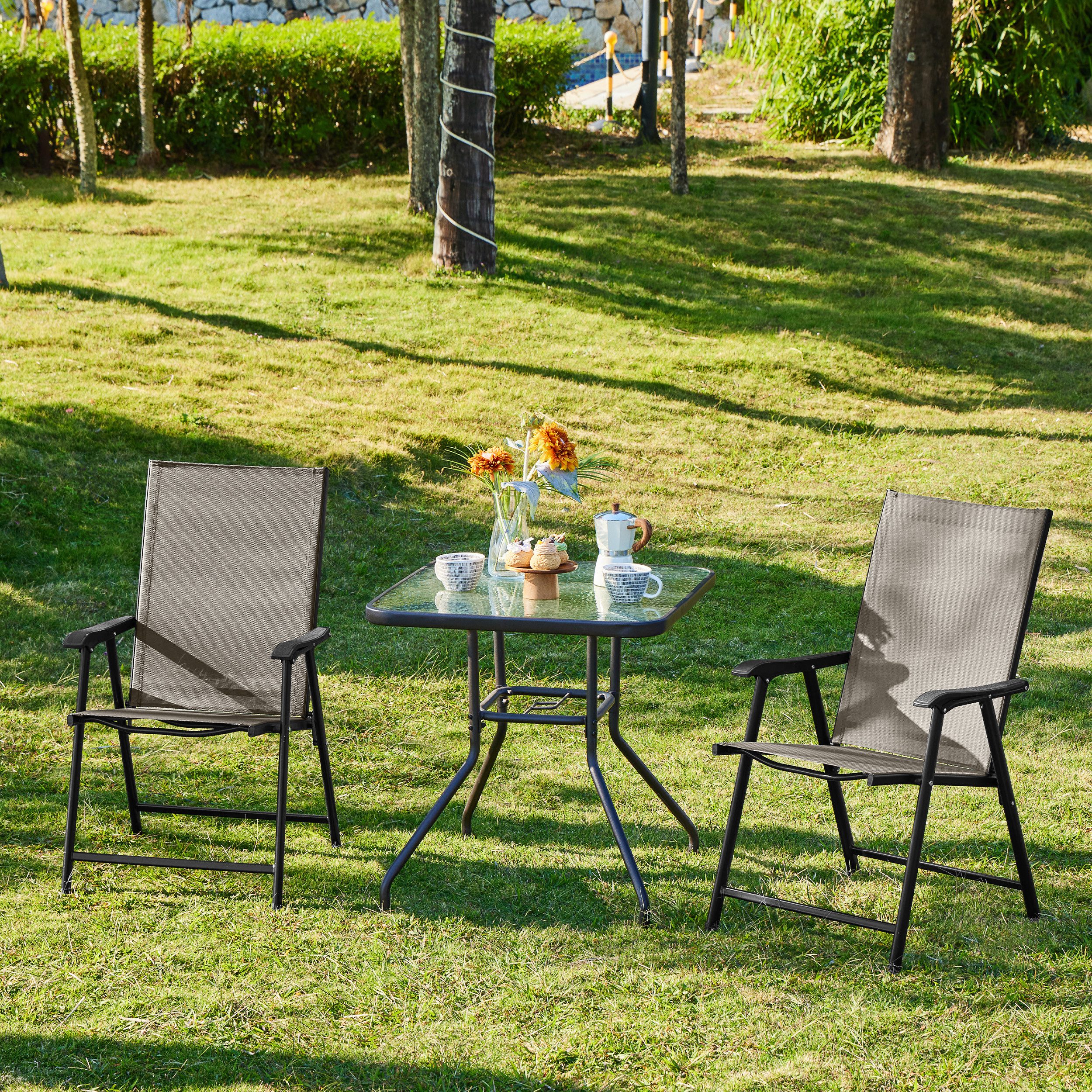 Yaheetech Klappstuhl 2-er Set Klappbarer Gartenstuhl aus Texteline-Gewebe, Stabile Gartenstühle mit Rückenlehne & Armlehnen bis 150 kg Belastbar