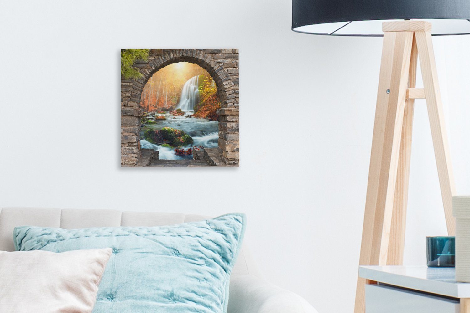 (1 Wohnzimmer Schlafzimmer - Aussicht für Landschaft, Leinwandbild Bilder St), OneMillionCanvasses® Herbst Leinwand - Wasserfall -