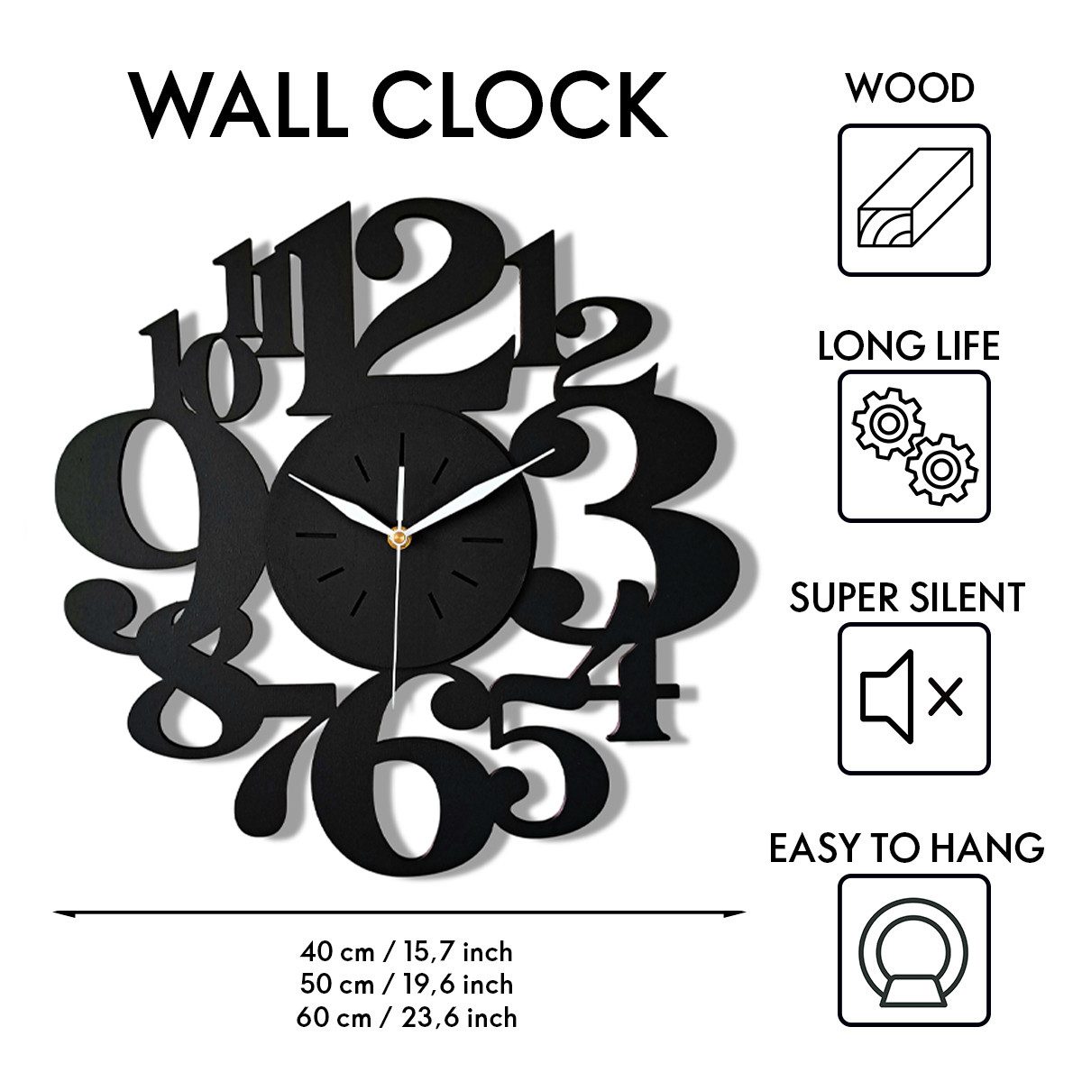 ORNAMENTI Wanduhr Handmade, grosse,modern, geometrisch, holz, hingucker Wanduhr (ohne Ticken, Wanddeko, Holzdeko, 3 Größen 40, 50, 60 cm)