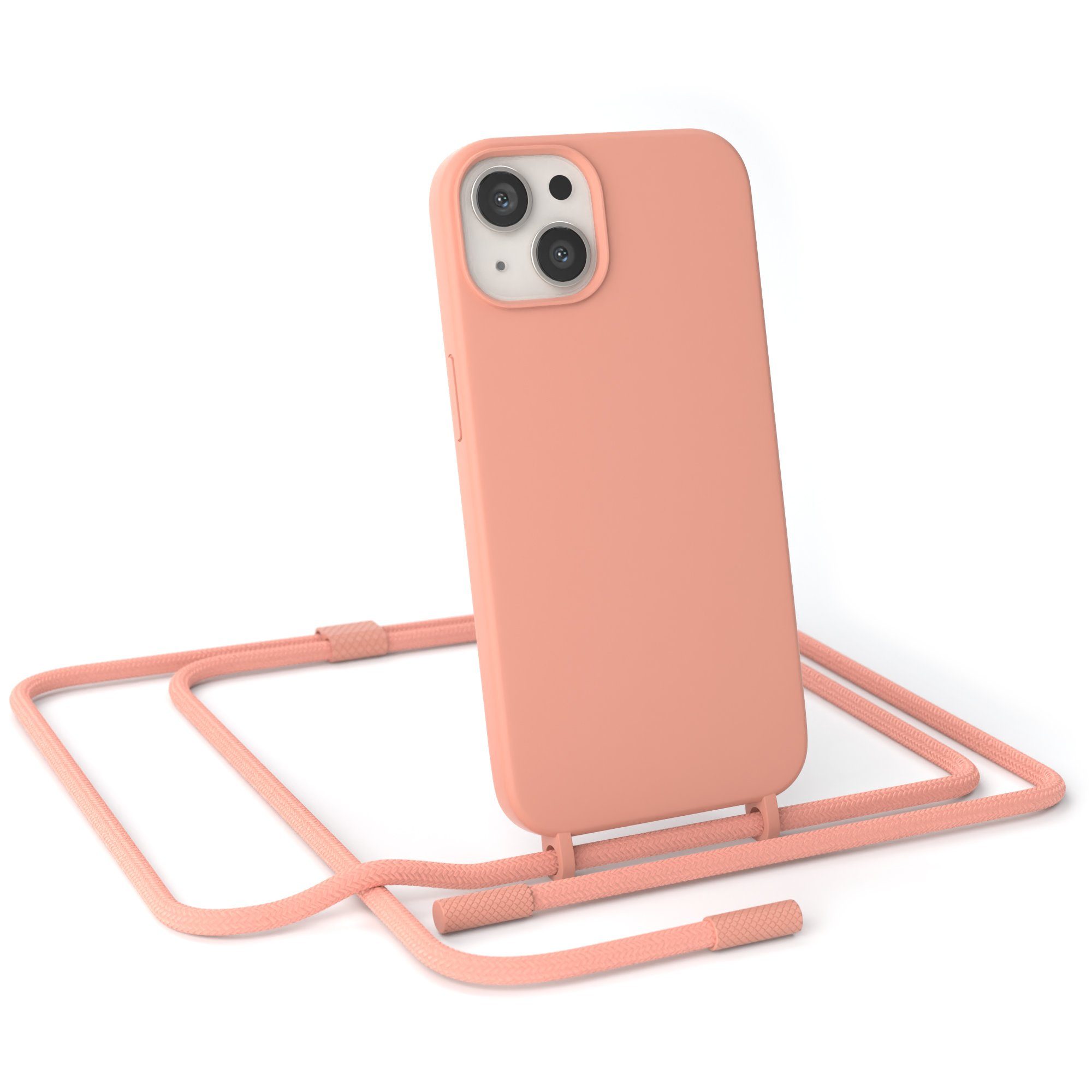 EAZY CASE Handykette Runde Kette für Apple iPhone 13 6,1 Zoll, Hülle mit Band 2in1 Handyband Etui Case mit Kordel Altrosa Koralle