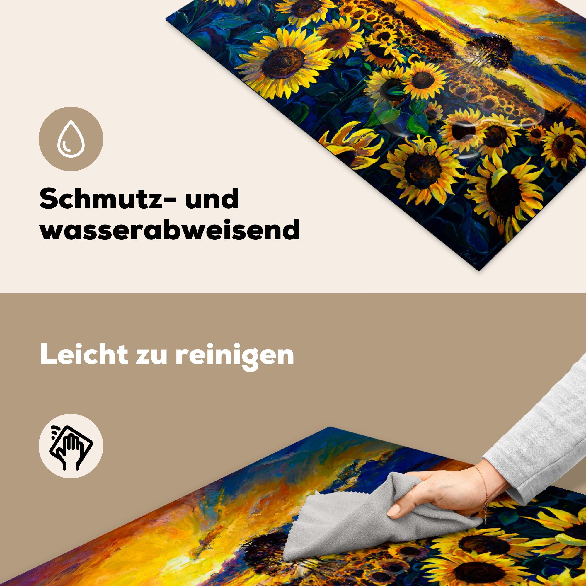 Sonnenblume, Malerei Blumen tlg), (1 Induktionskochfeld - Schutz küche, Ölfarbe Vinyl, die 81x52 für - Ceranfeldabdeckung - cm, Herdblende-/Abdeckplatte MuchoWow